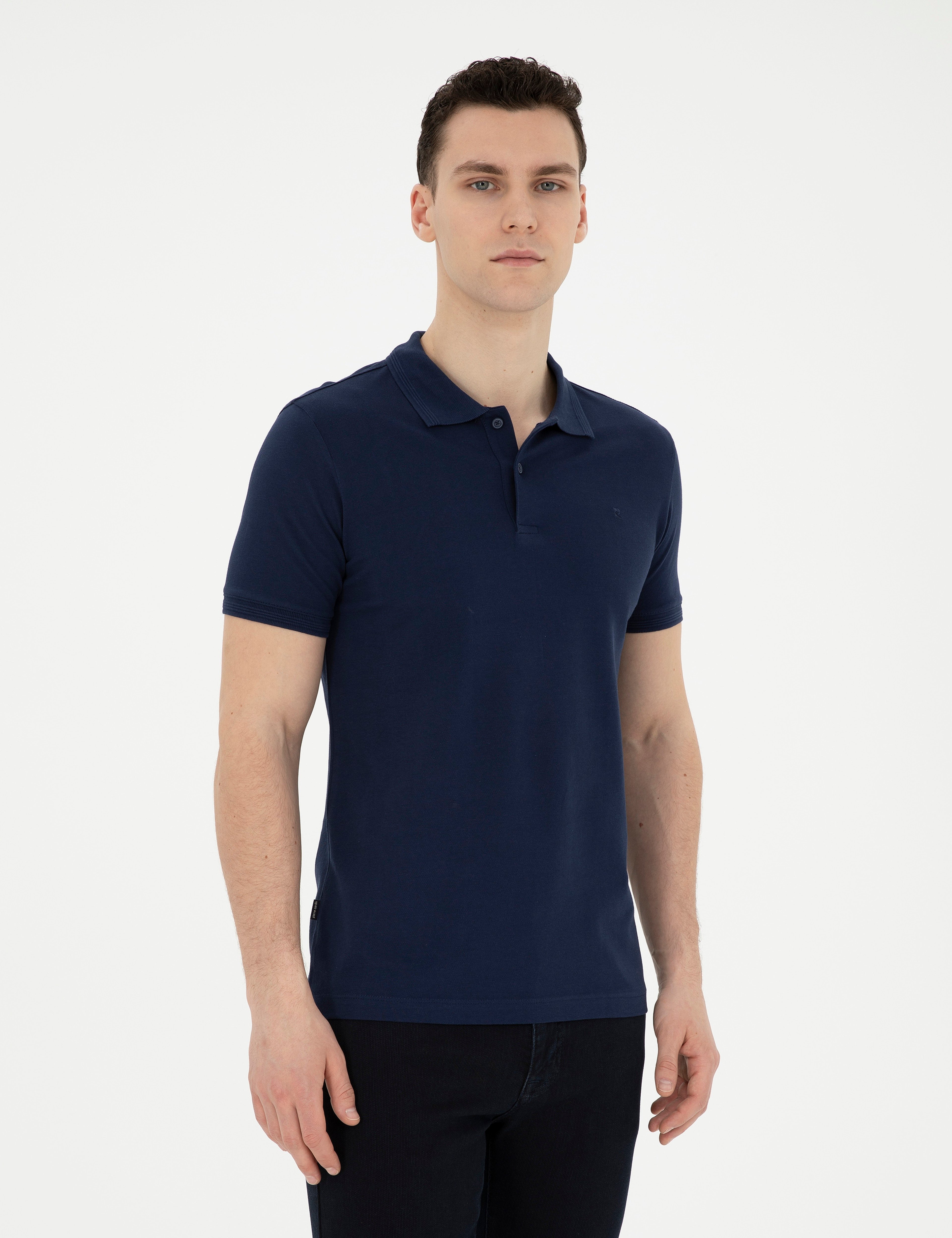 Lacivert Slim Fit %100 Pamuk Düğmeli Polo Yaka Basic Tişört