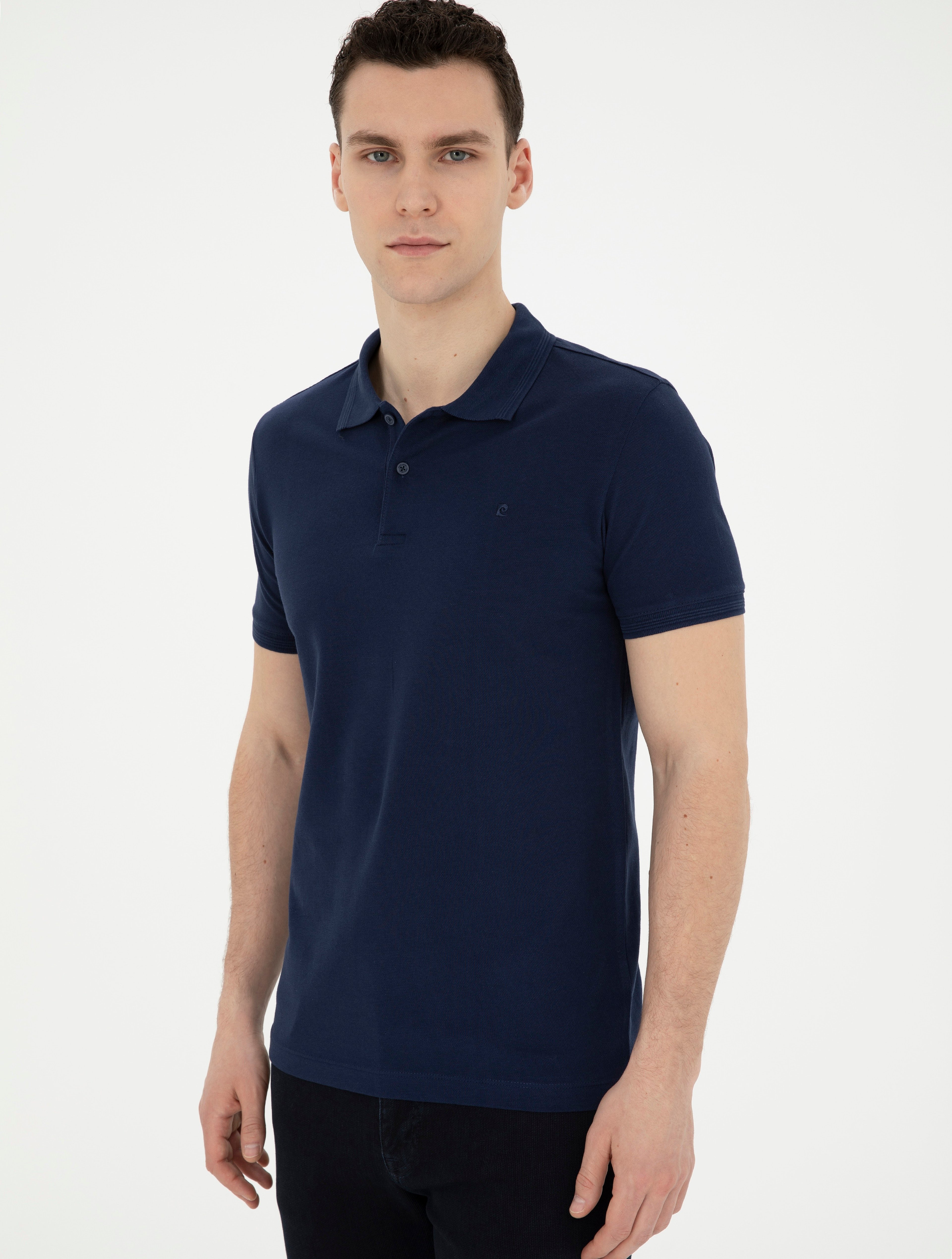 Lacivert Slim Fit %100 Pamuk Düğmeli Polo Yaka Basic Tişört - Image 3