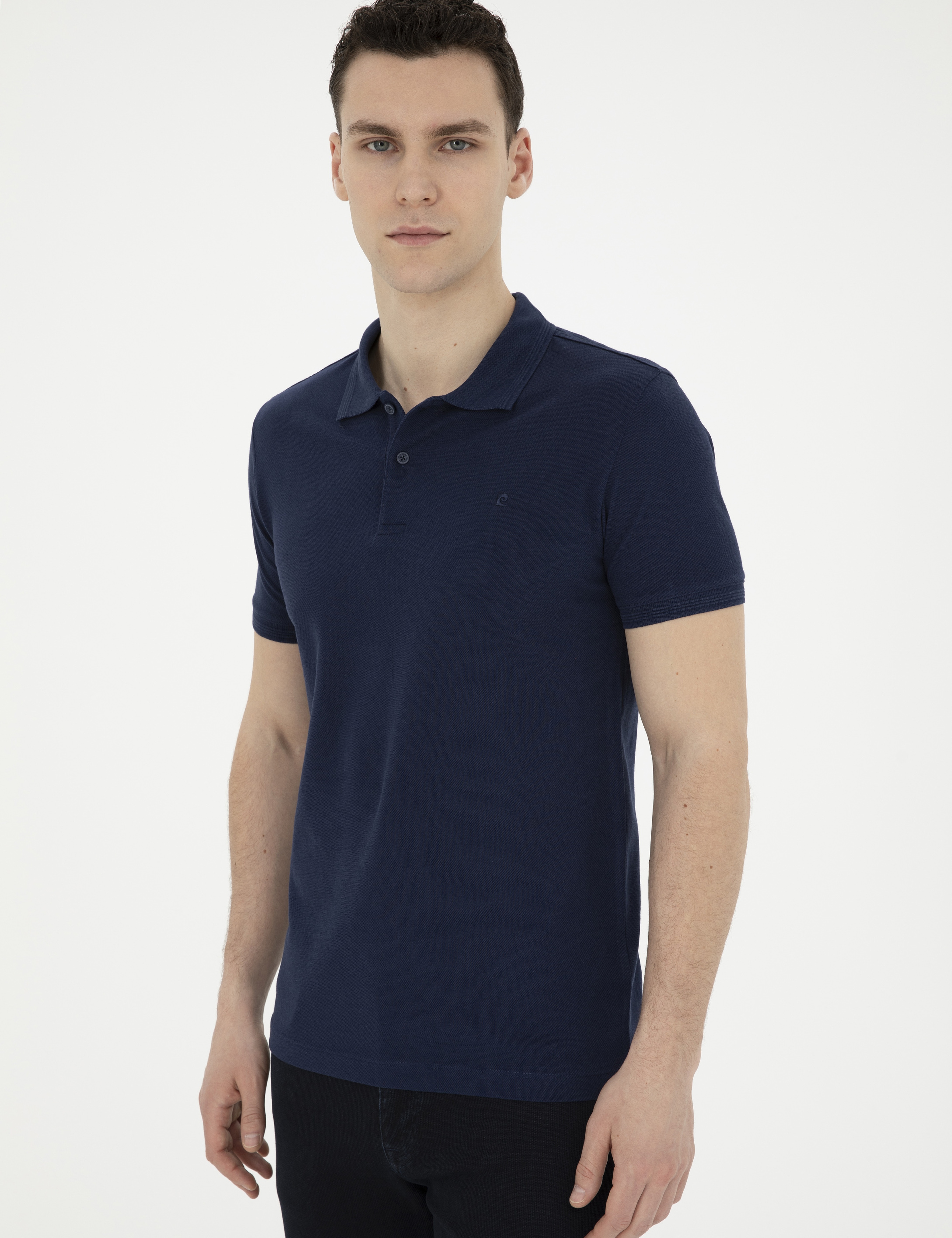 Lacivert Slim Fit %100 Pamuk Düğmeli Polo Yaka Basic Tişört