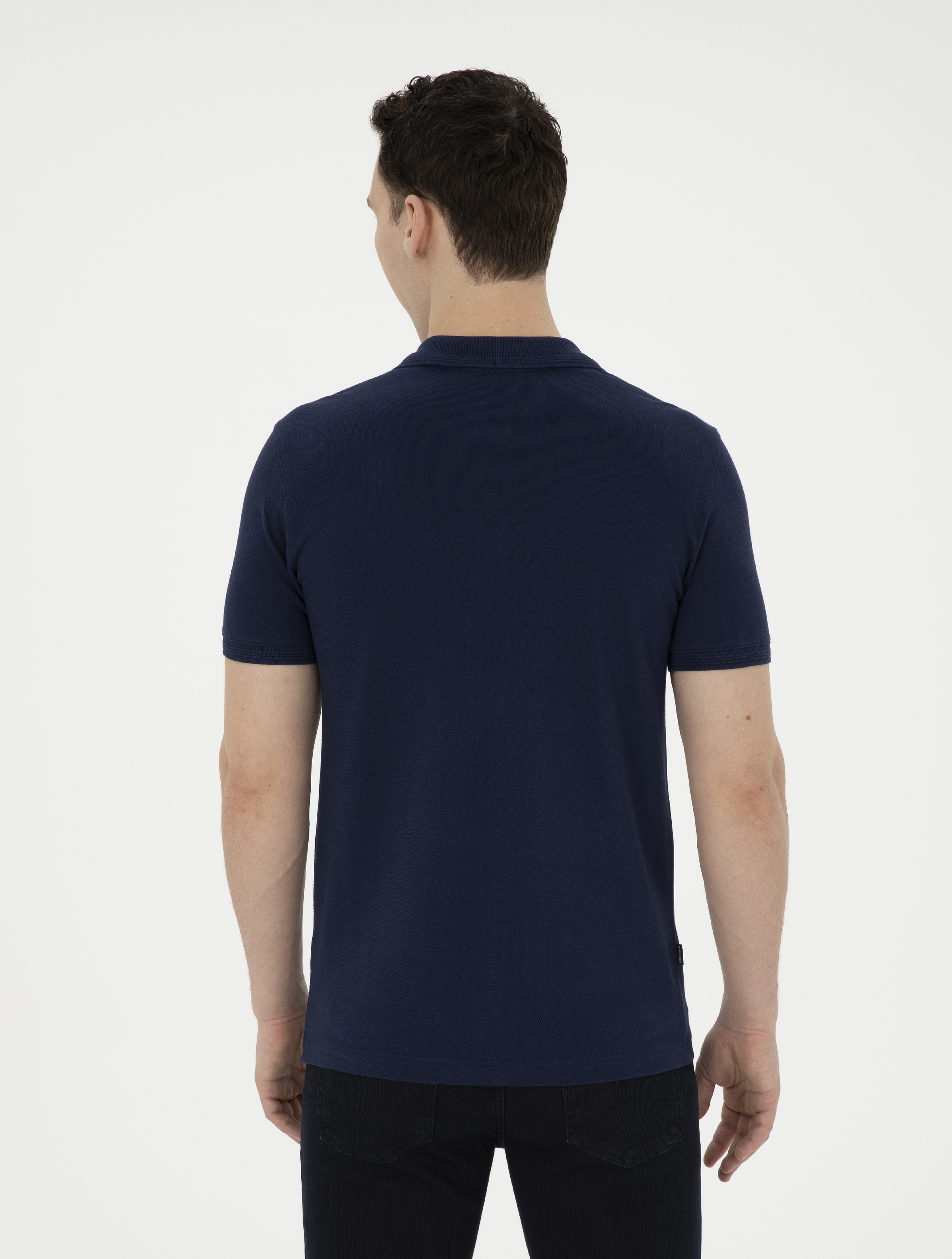 Lacivert Slim Fit %100 Pamuk Düğmeli Polo Yaka Basic Tişört - Image 5