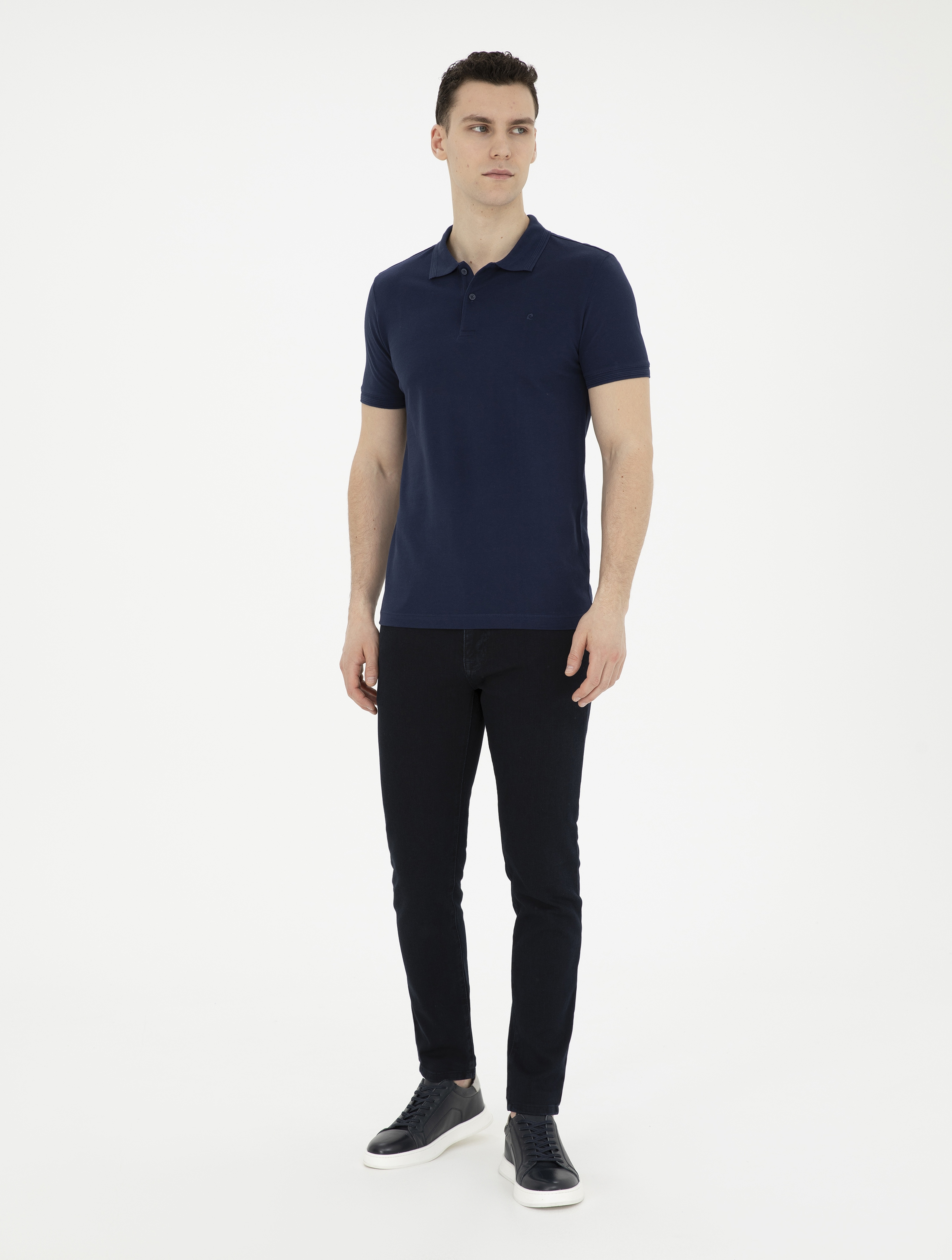 Lacivert Slim Fit %100 Pamuk Düğmeli Polo Yaka Basic Tişört - Image 4