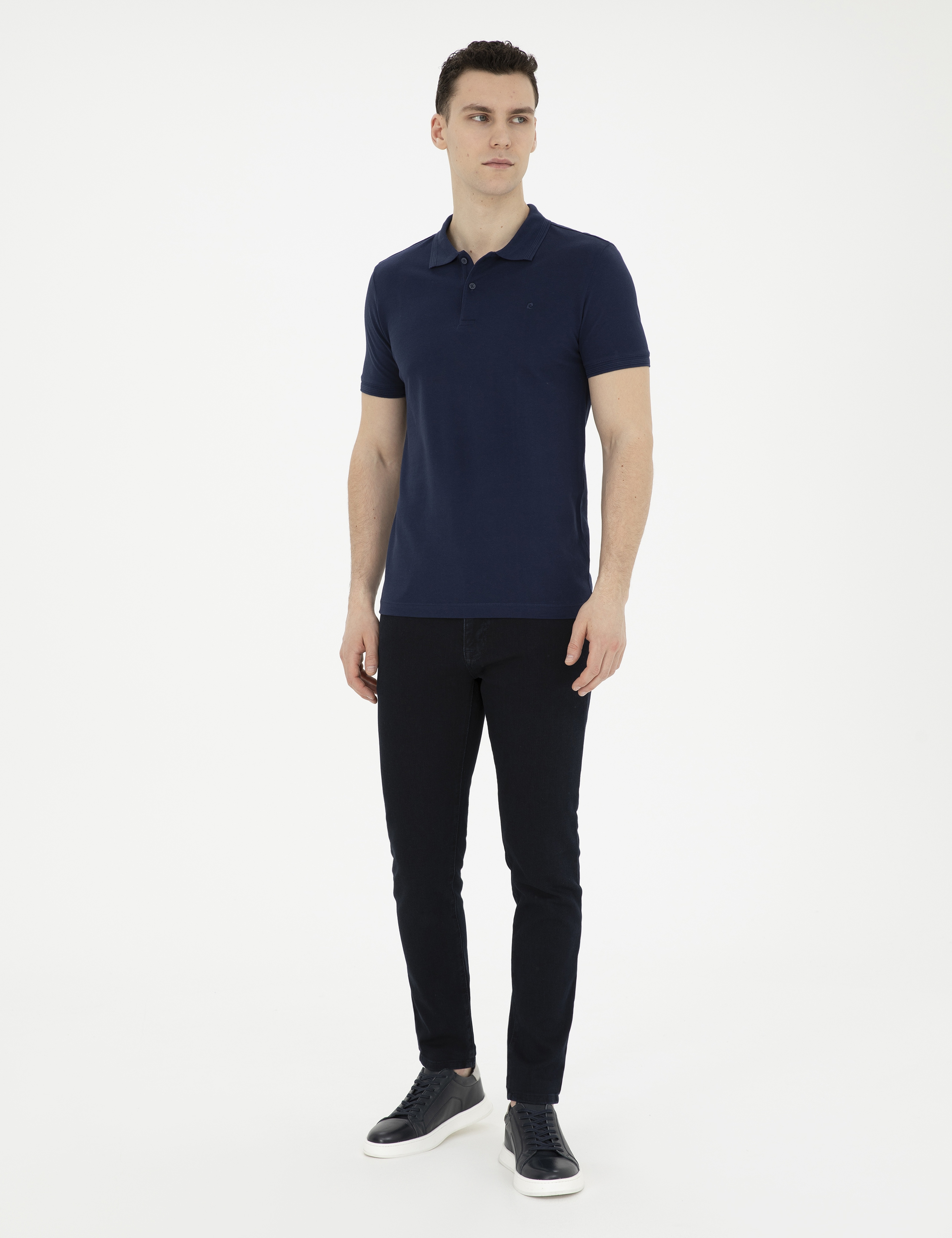 Lacivert Slim Fit %100 Pamuk Düğmeli Polo Yaka Basic Tişört