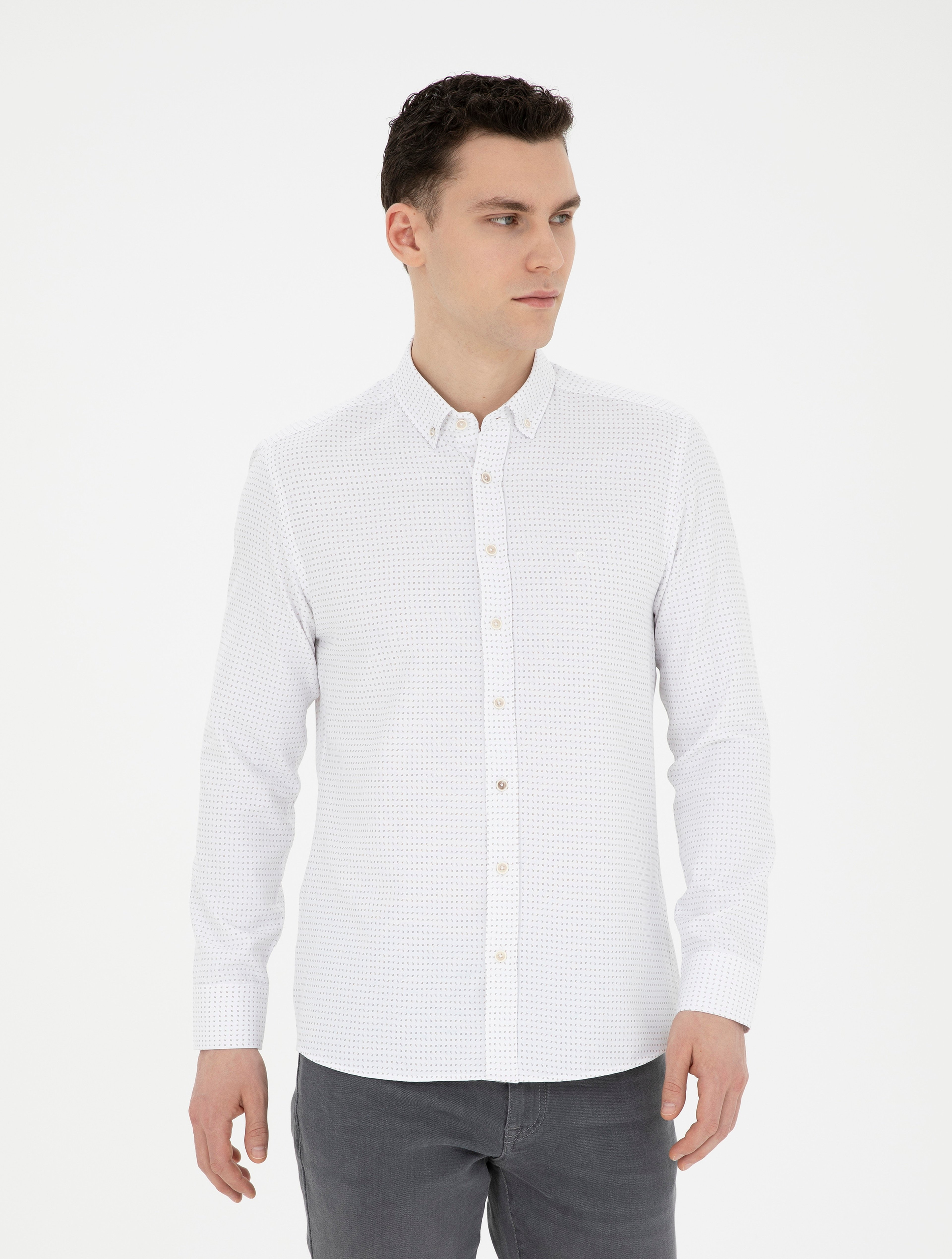 Bej Slim Fit Uzun Kollu Gömlek - Image 1