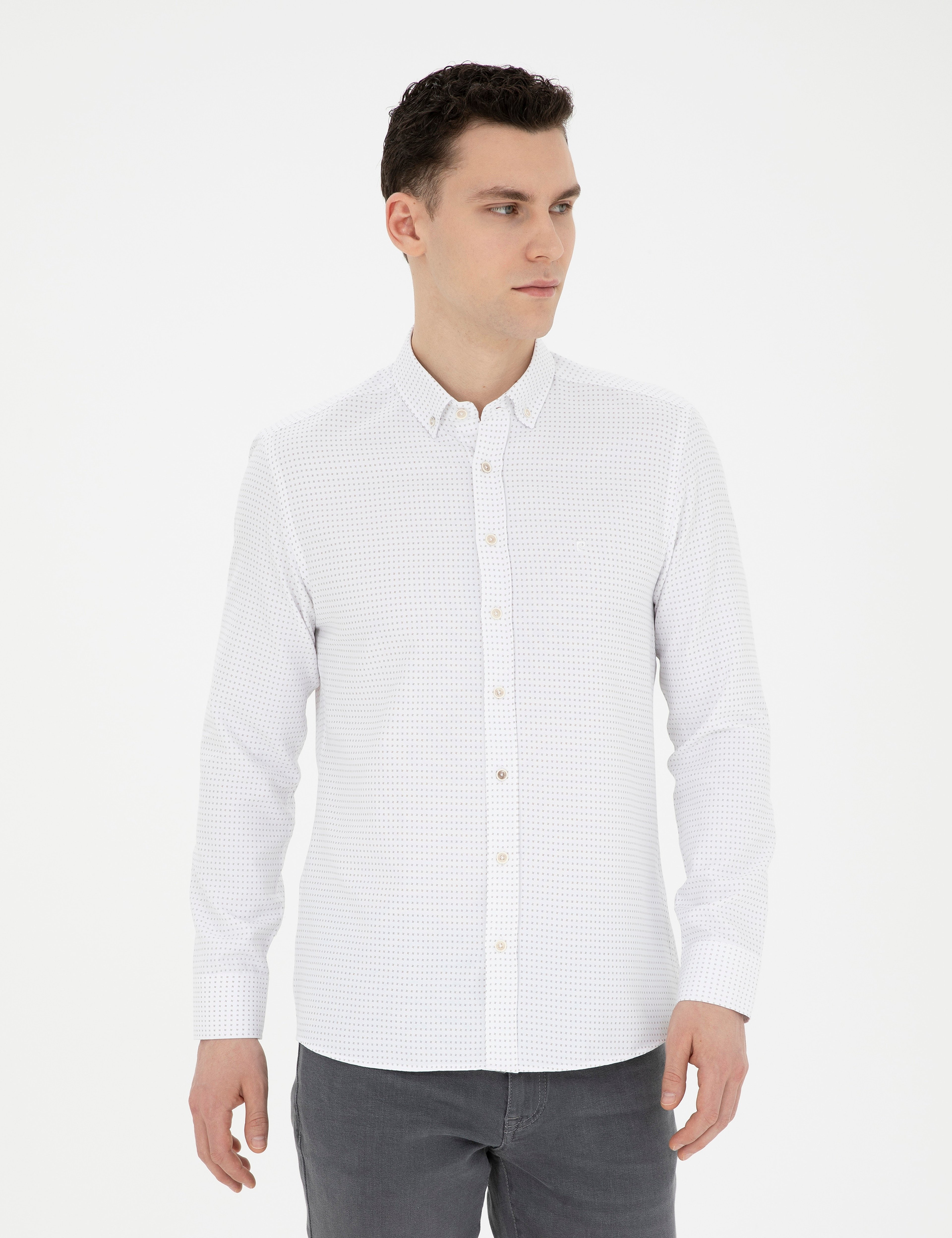 Bej Slim Fit Uzun Kollu Gömlek