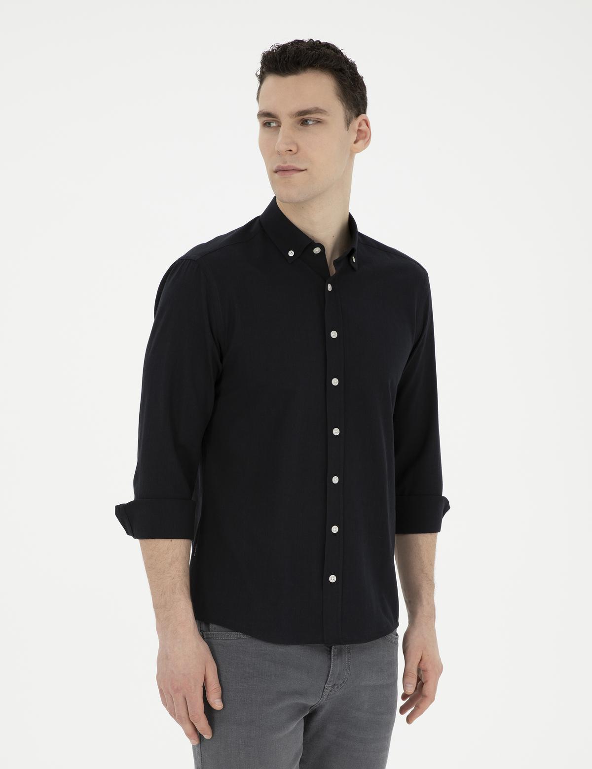 Siyah Slim Fit Keten Görünümlü Uzun Kollu Gömlek