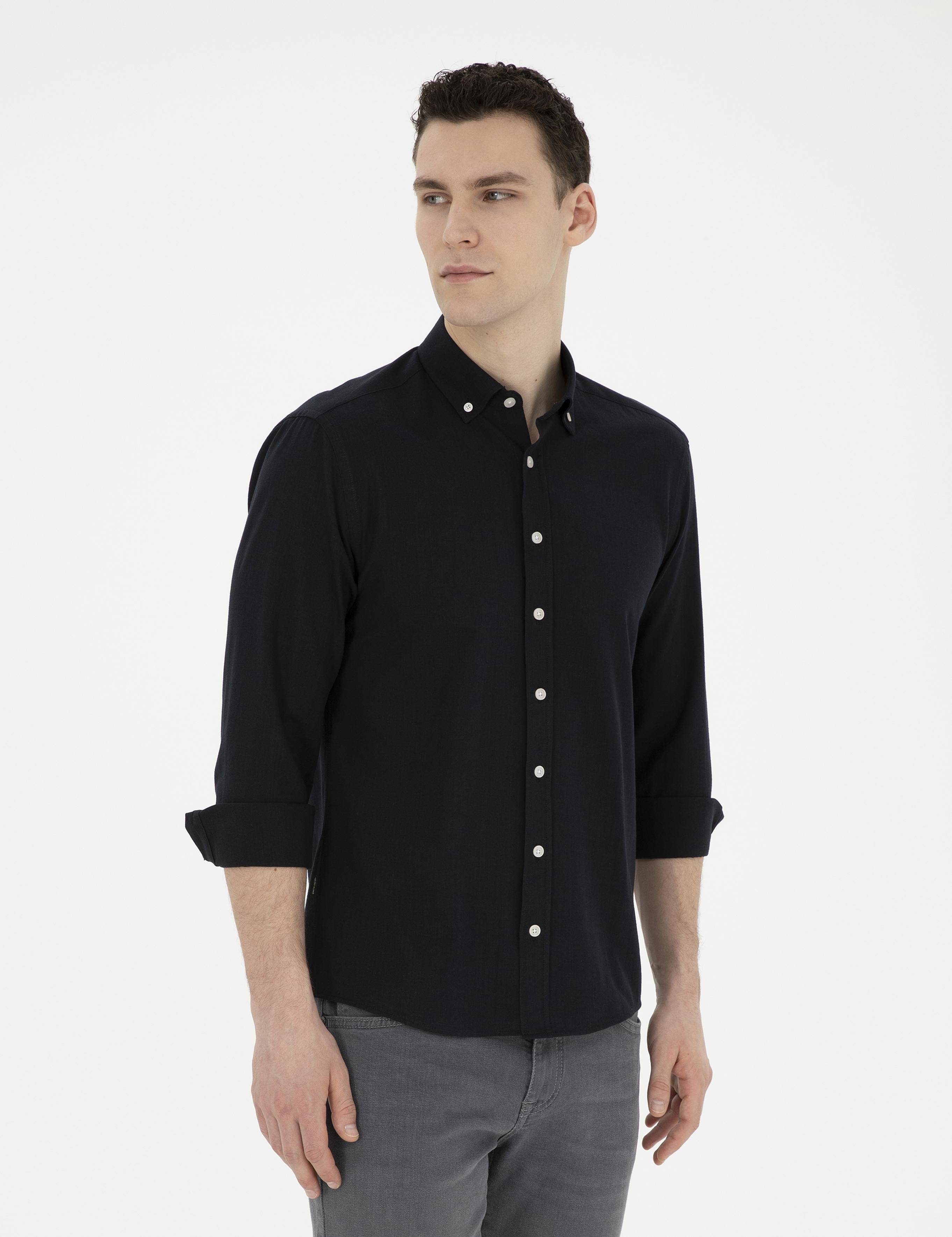 Siyah Slim Fit Keten Görünümlü Uzun Kollu Gömlek