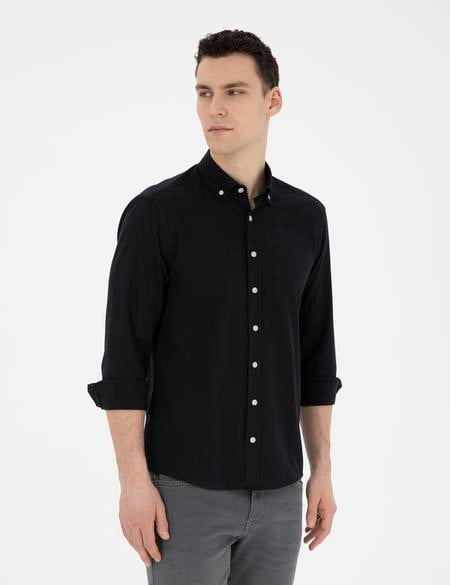 Siyah Slim Fit Keten Görünümlü Uzun Kollu Gömlek - 50289393033