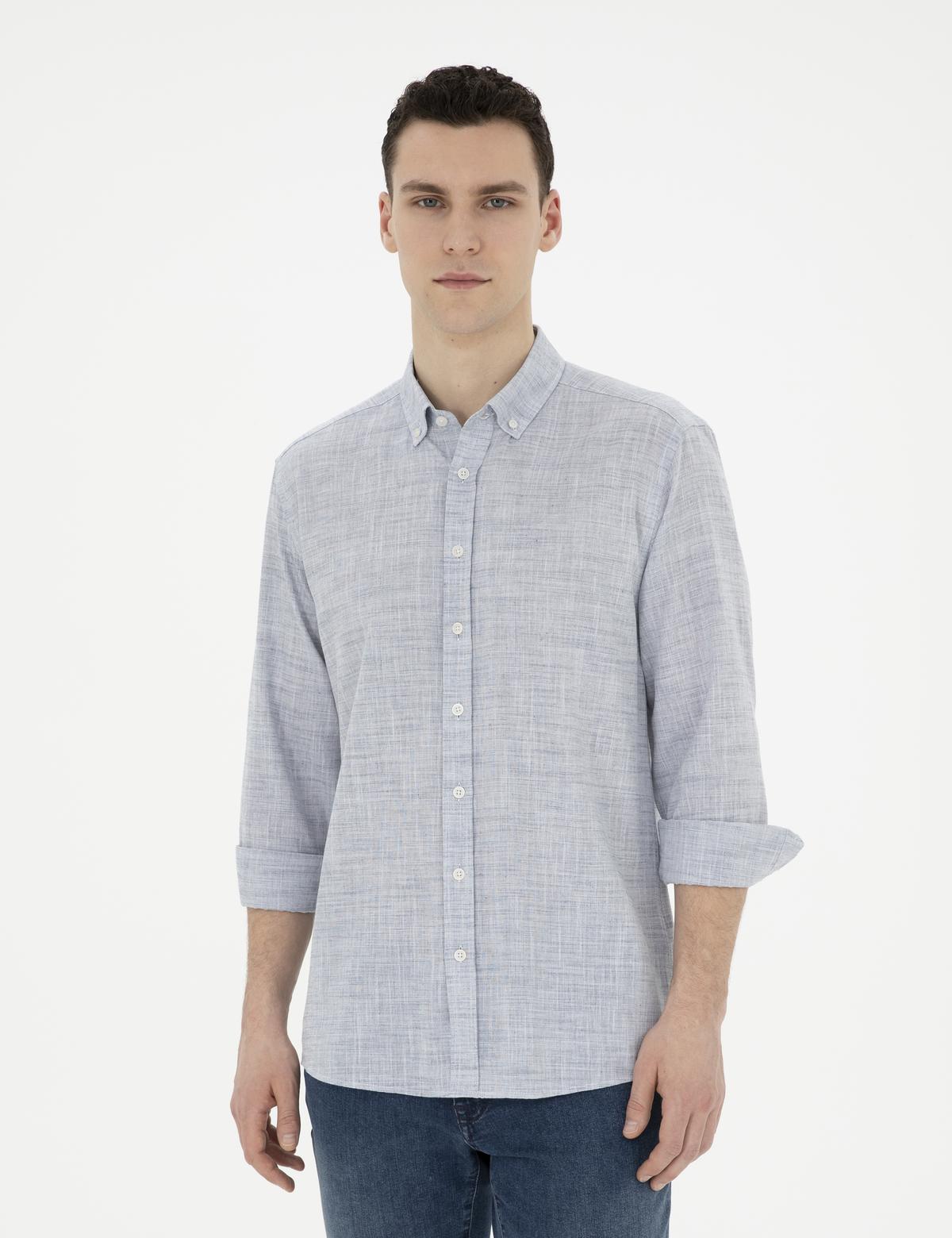 Lacivert Slim Fit Keten Görünümlü Uzun Kollu Gömlek