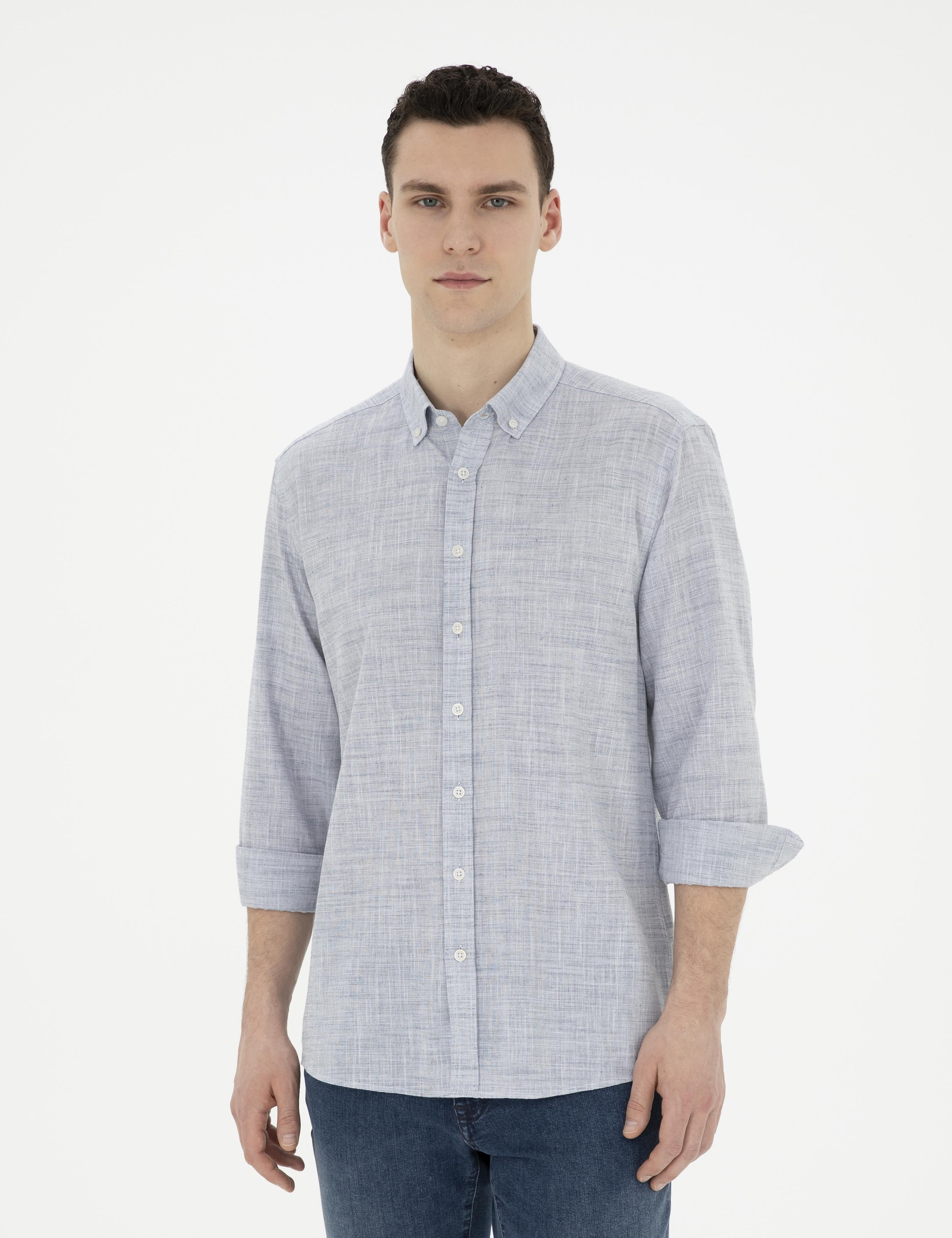 Lacivert Slim Fit Keten Görünümlü Uzun Kollu Gömlek