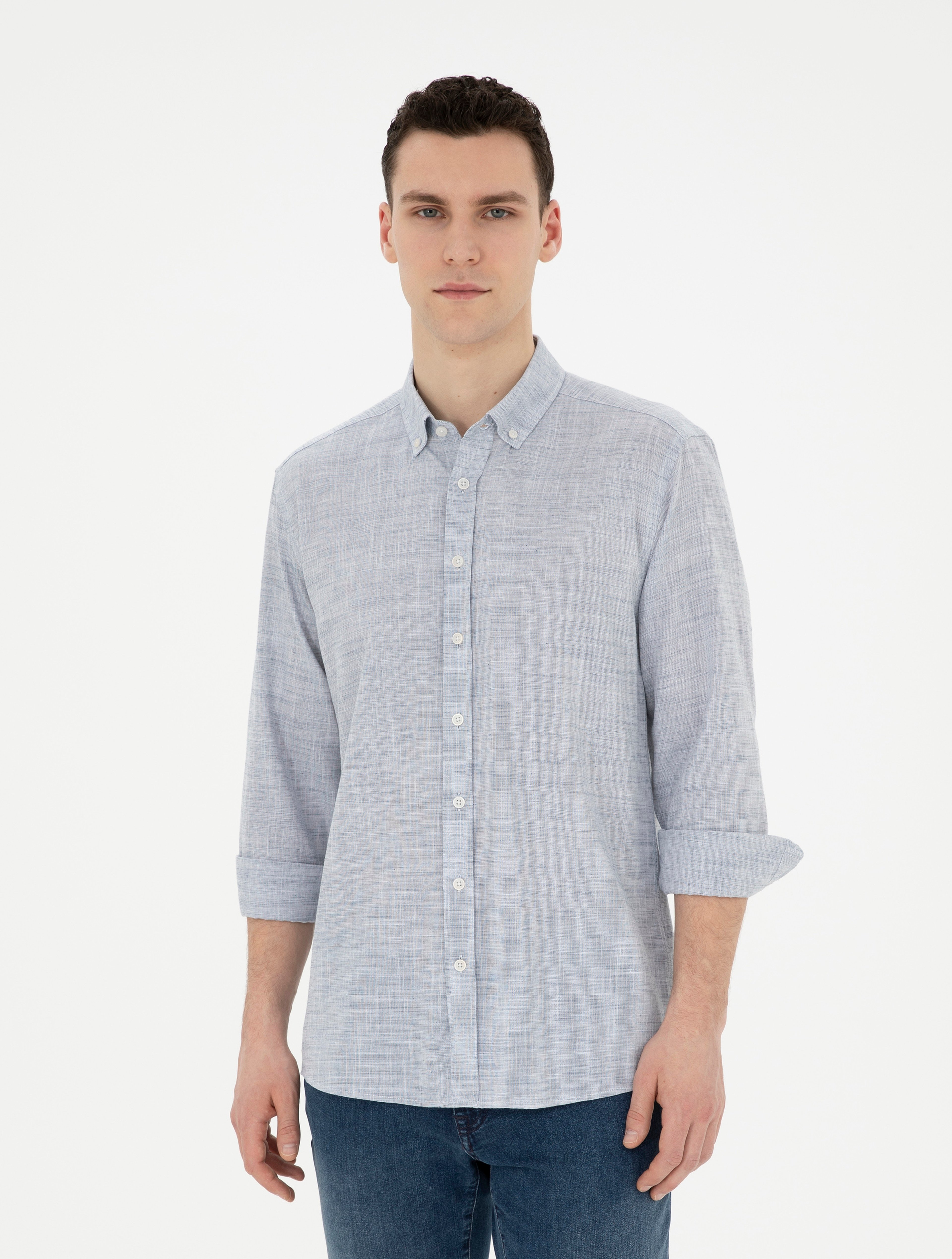 Lacivert Slim Fit Keten Görünümlü Uzun Kollu Gömlek - Image 1
