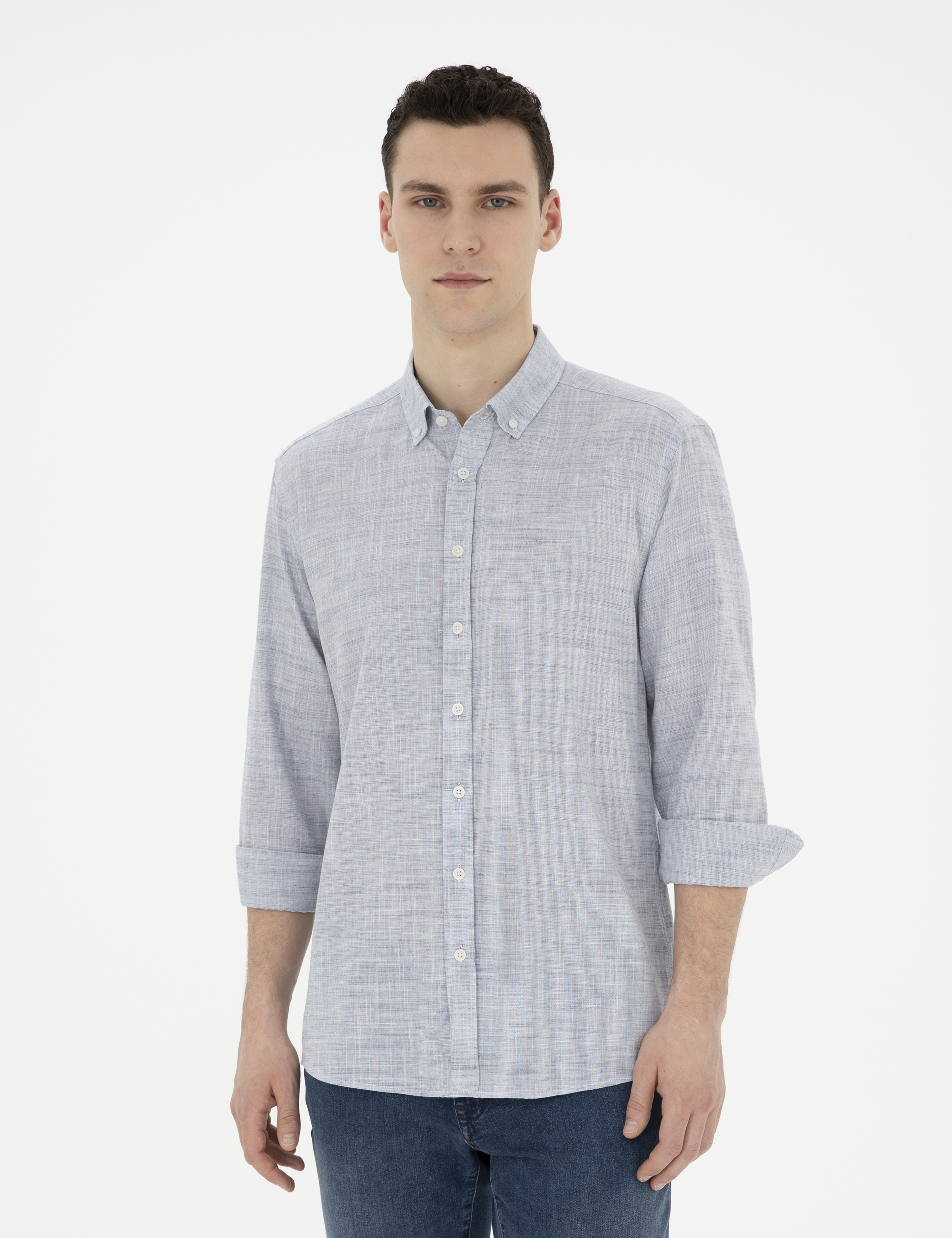Lacivert Slim Fit Keten Görünümlü Uzun Kollu Gömlek