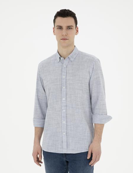 Lacivert Slim Fit Keten Görünümlü Uzun Kollu Gömlek - 50289393050