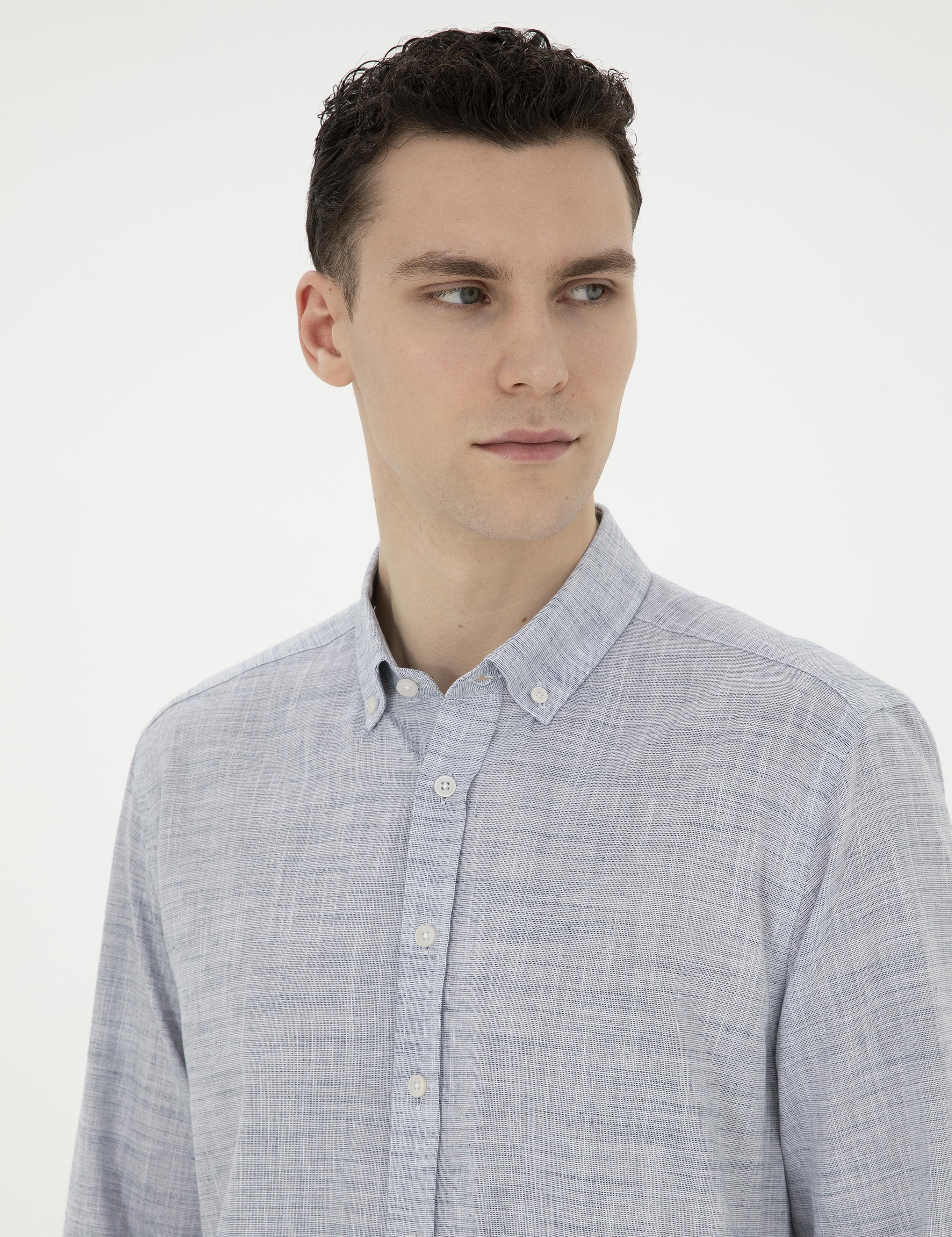 Lacivert Slim Fit Keten Görünümlü Uzun Kollu Gömlek