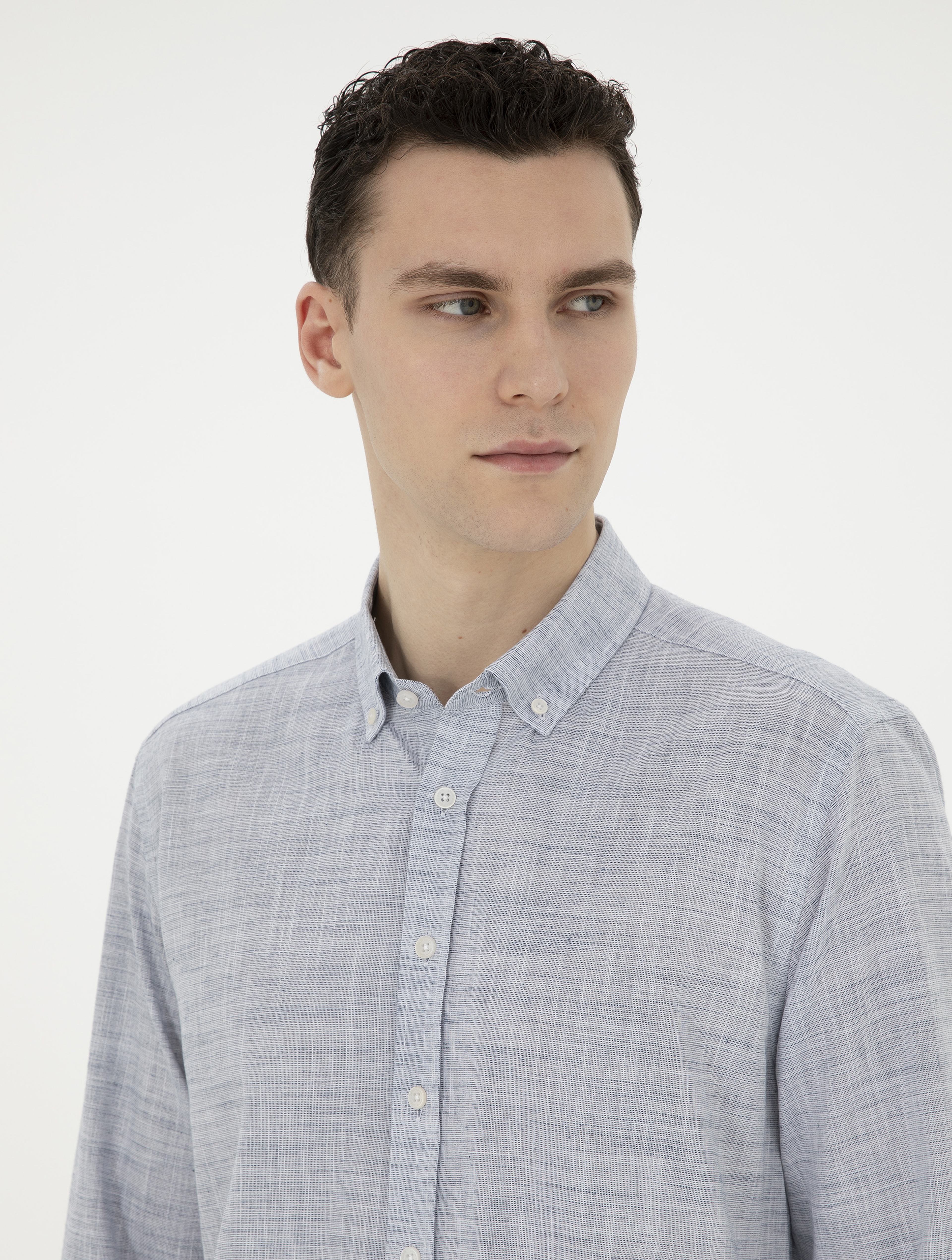 Lacivert Slim Fit Keten Görünümlü Uzun Kollu Gömlek - Image 2