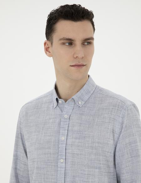 Lacivert Slim Fit Keten Görünümlü Uzun Kollu Gömlek - 50289393050