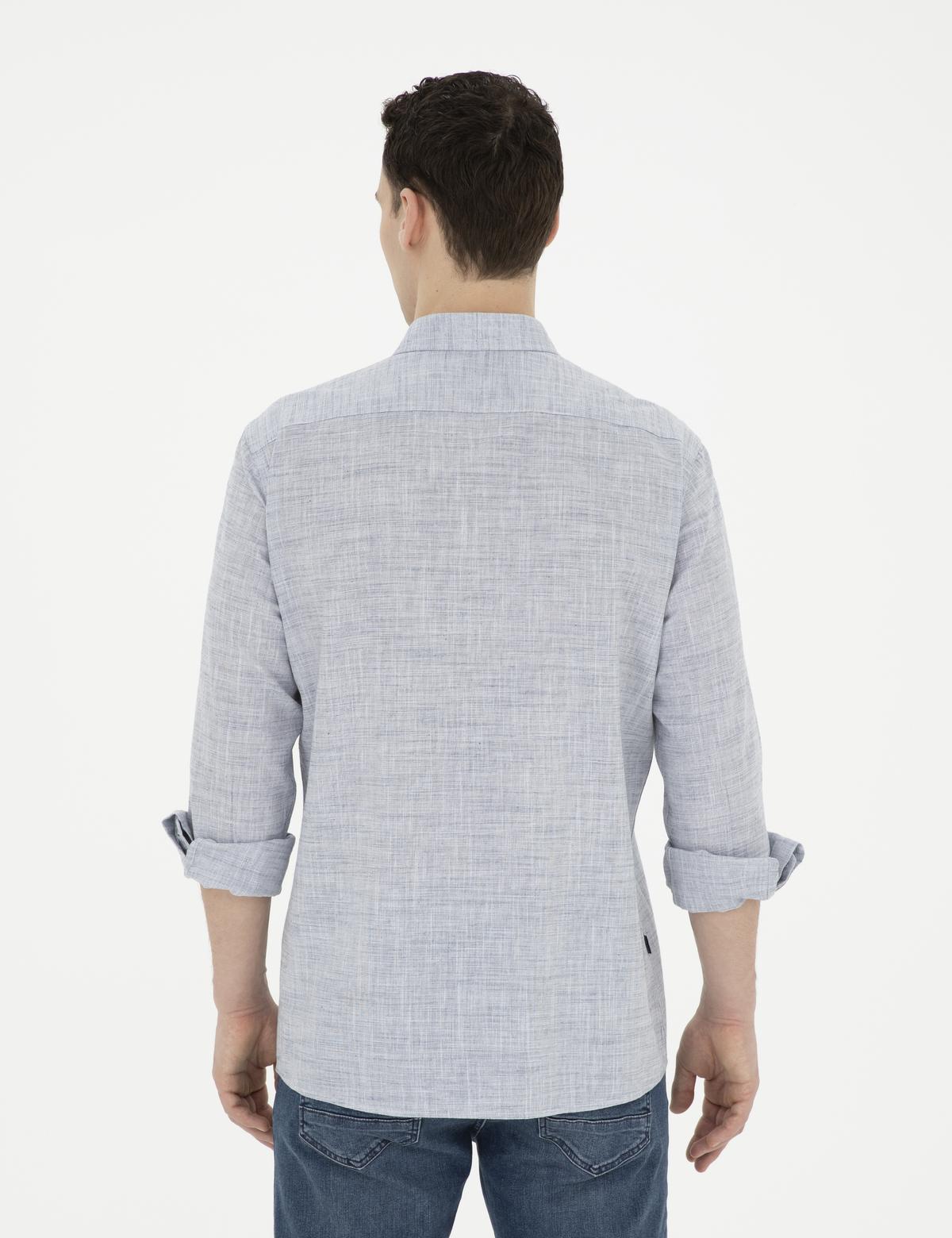 Lacivert Slim Fit Keten Görünümlü Uzun Kollu Gömlek - 50289393050