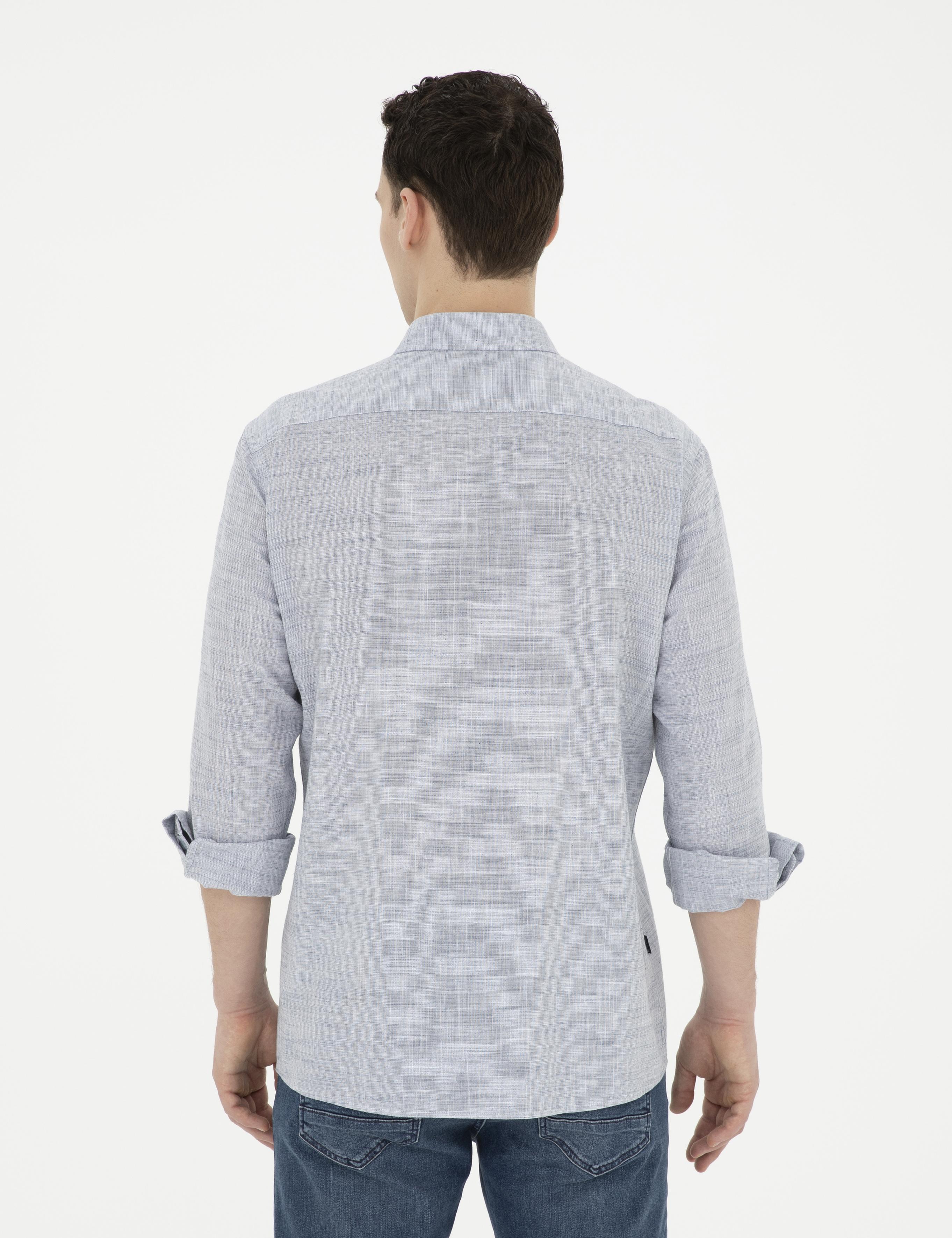 Lacivert Slim Fit Keten Görünümlü Uzun Kollu Gömlek