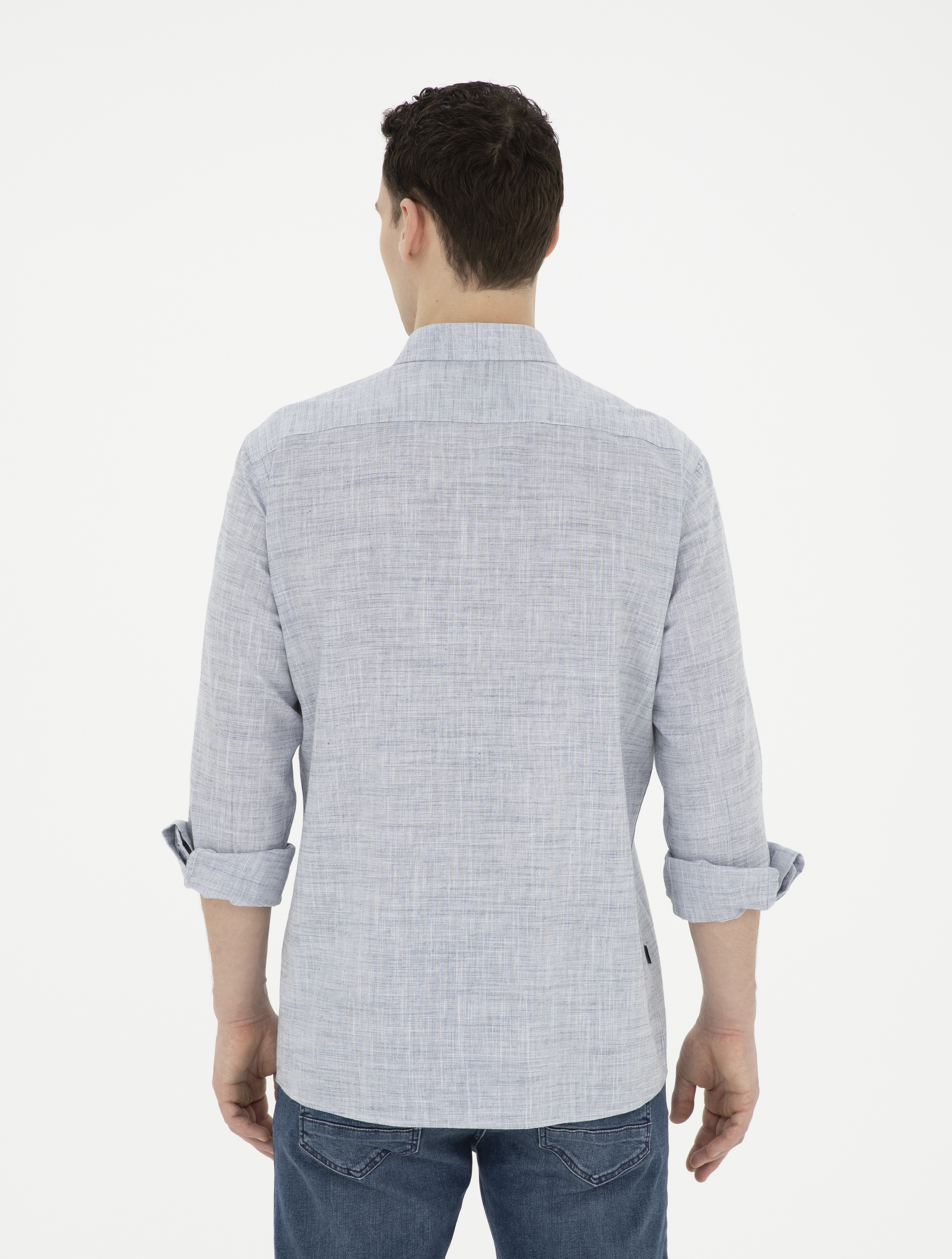 Lacivert Slim Fit Keten Görünümlü Uzun Kollu Gömlek - Image 5