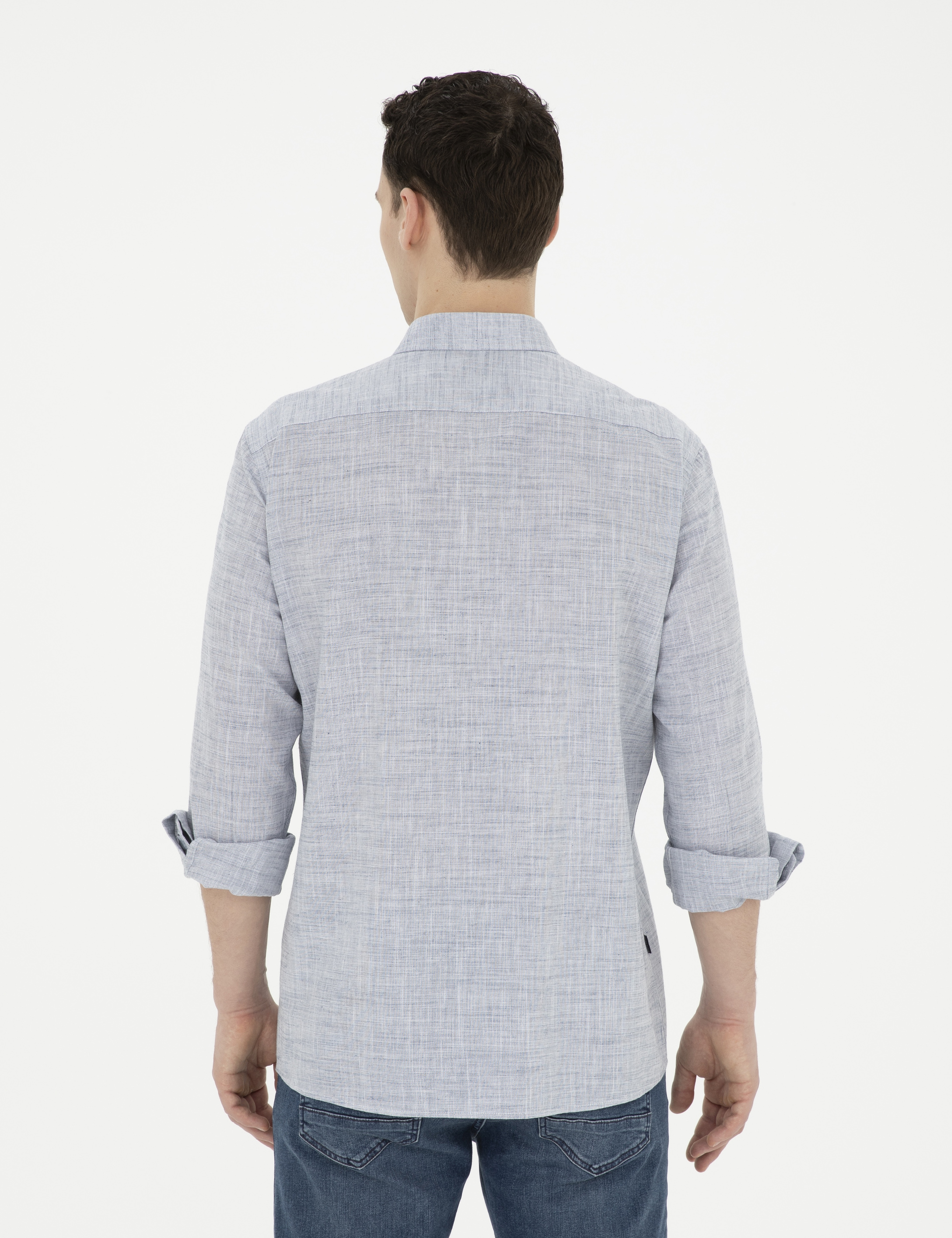 Lacivert Slim Fit Keten Görünümlü Uzun Kollu Gömlek