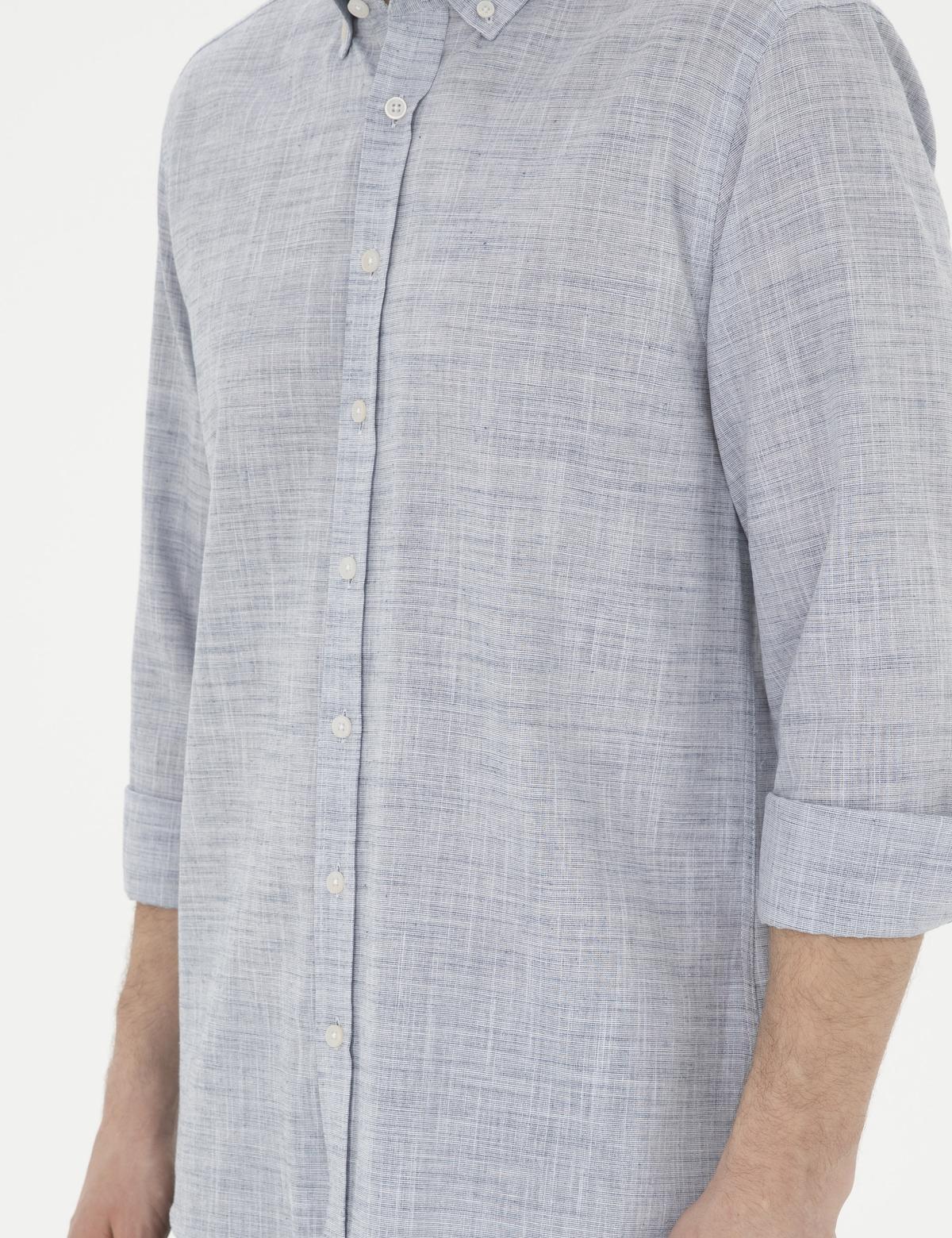 Lacivert Slim Fit Keten Görünümlü Uzun Kollu Gömlek - 50289393050