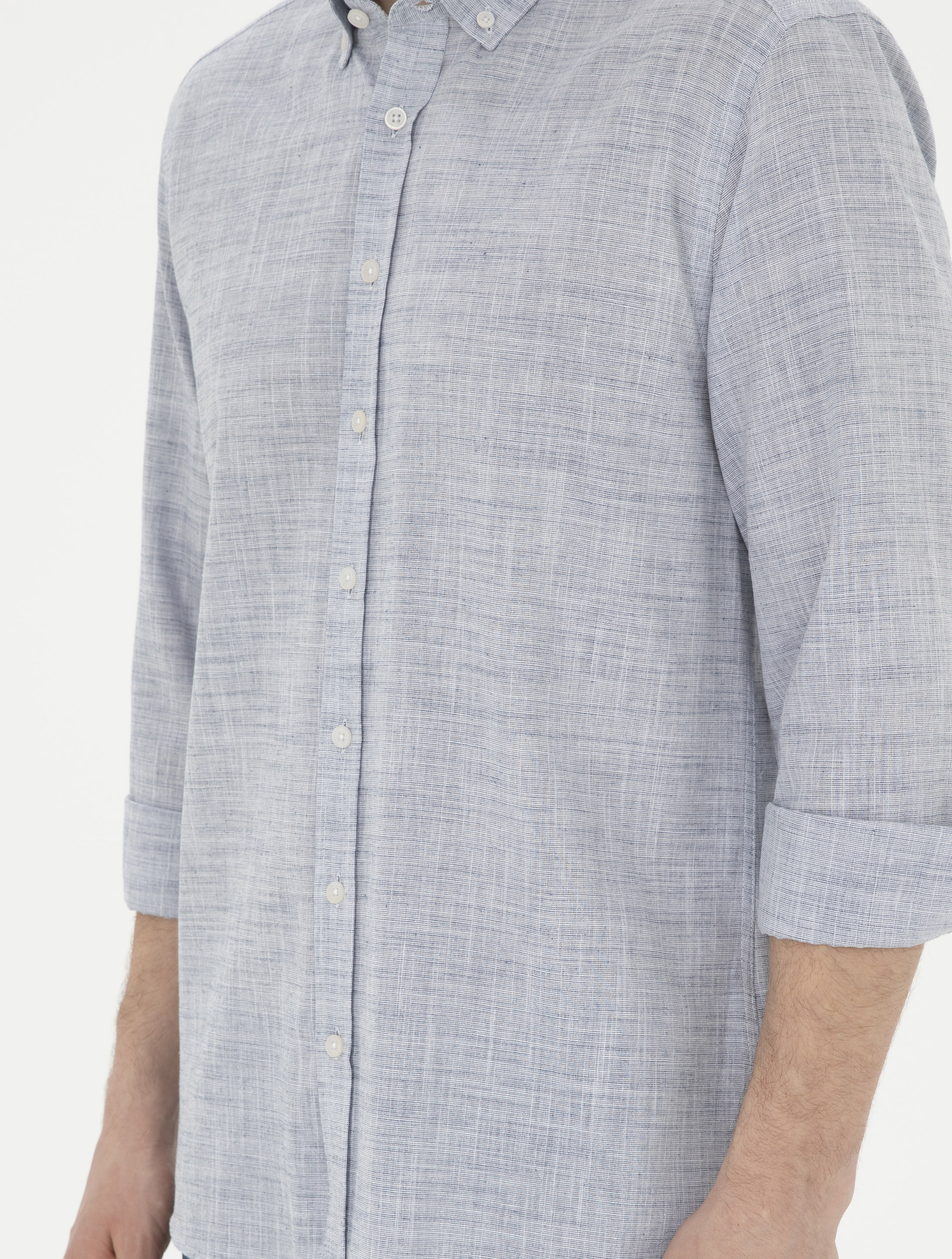 Lacivert Slim Fit Keten Görünümlü Uzun Kollu Gömlek - Image 6