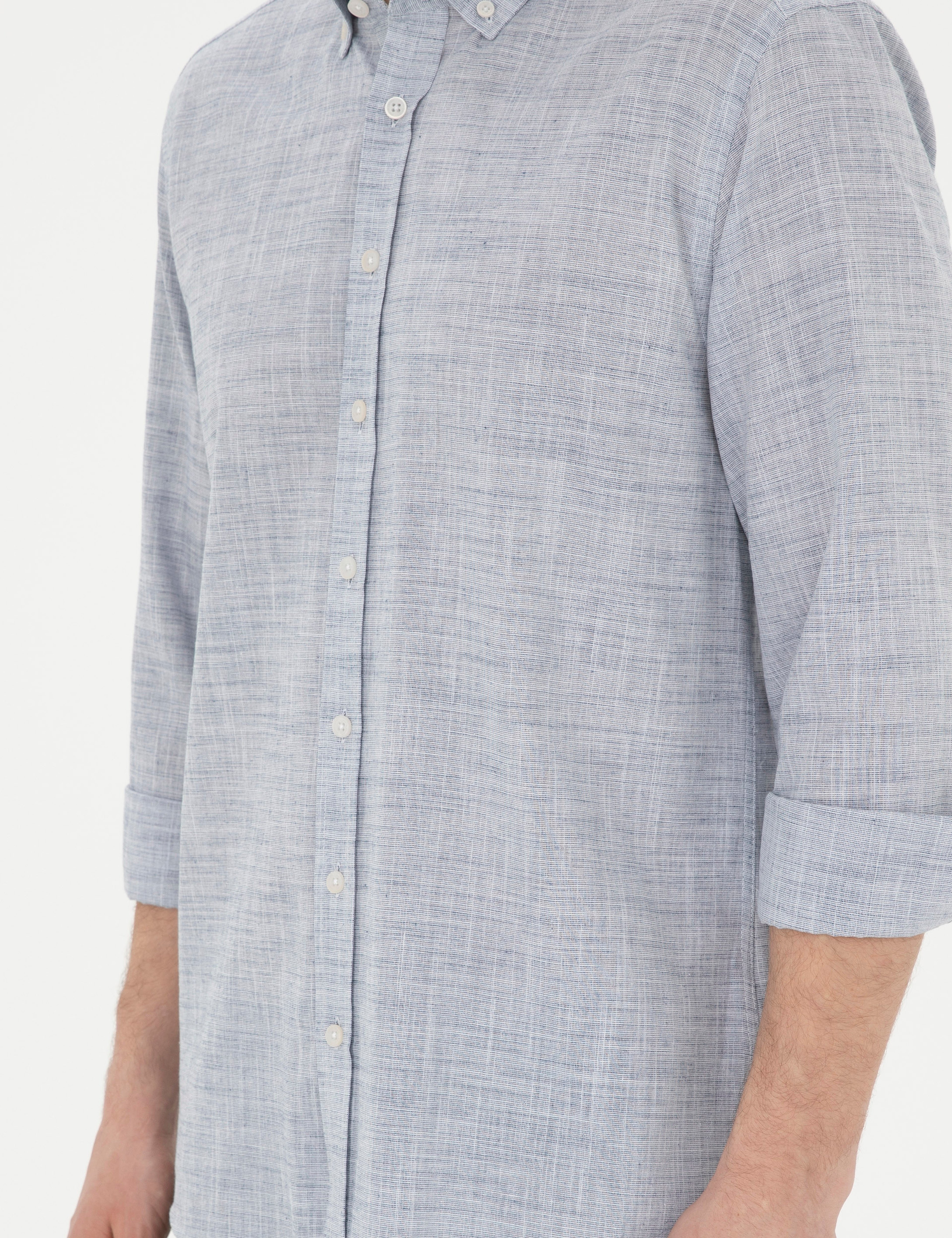 Lacivert Slim Fit Keten Görünümlü Uzun Kollu Gömlek