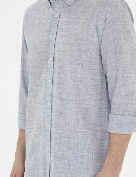 Lacivert Slim Fit Keten Görünümlü Uzun Kollu Gömlek - 50289393050