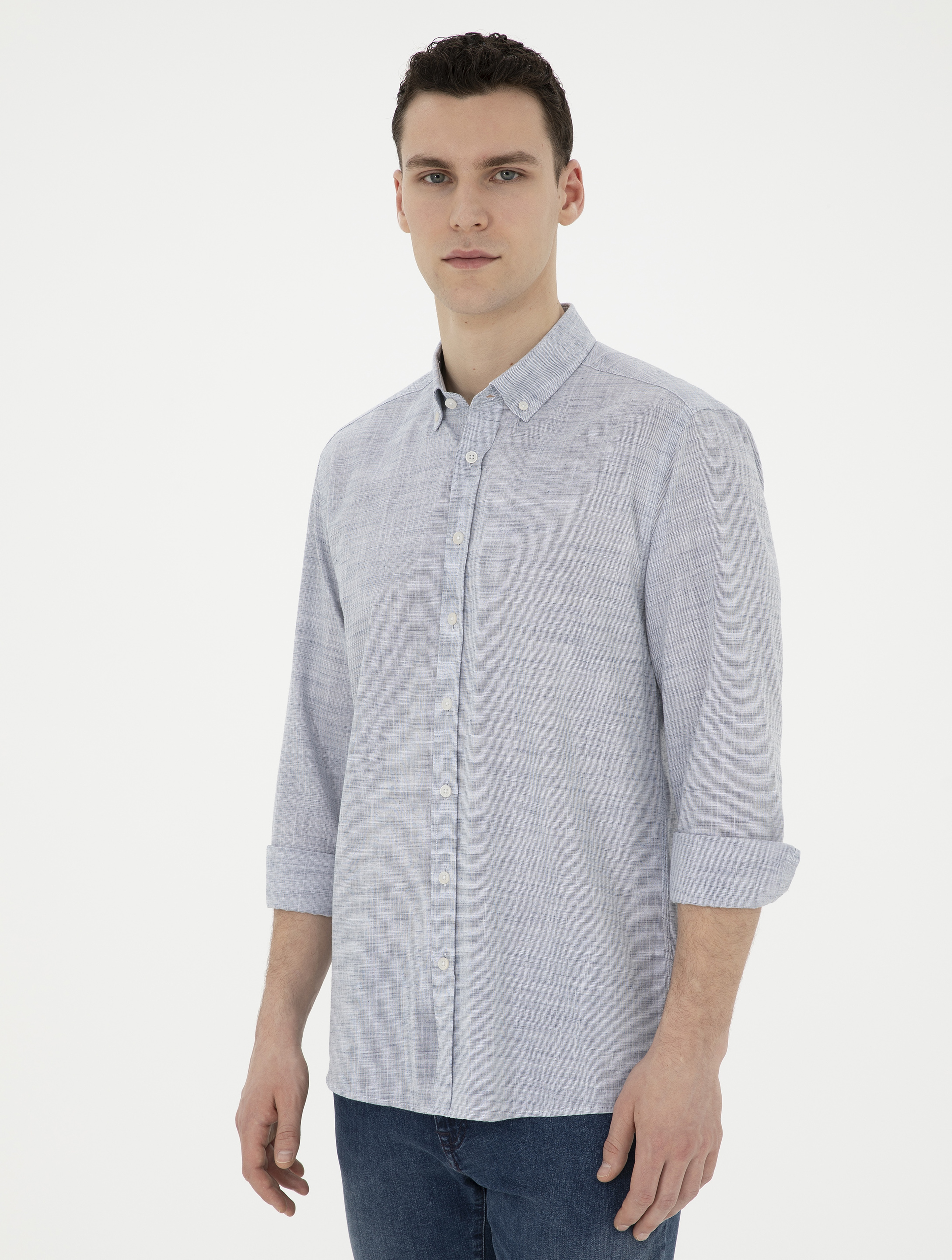 Lacivert Slim Fit Keten Görünümlü Uzun Kollu Gömlek - Image 3