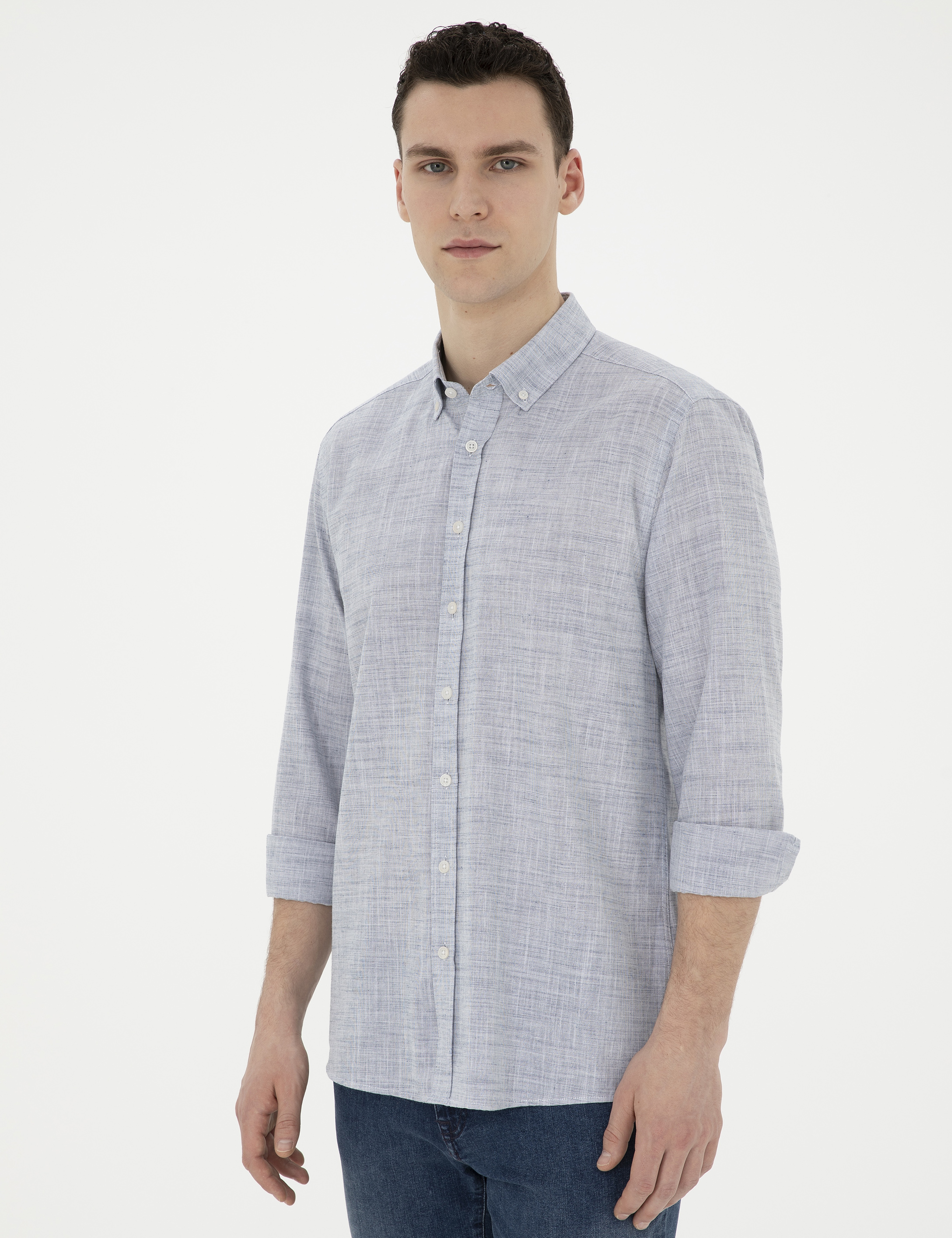 Lacivert Slim Fit Keten Görünümlü Uzun Kollu Gömlek