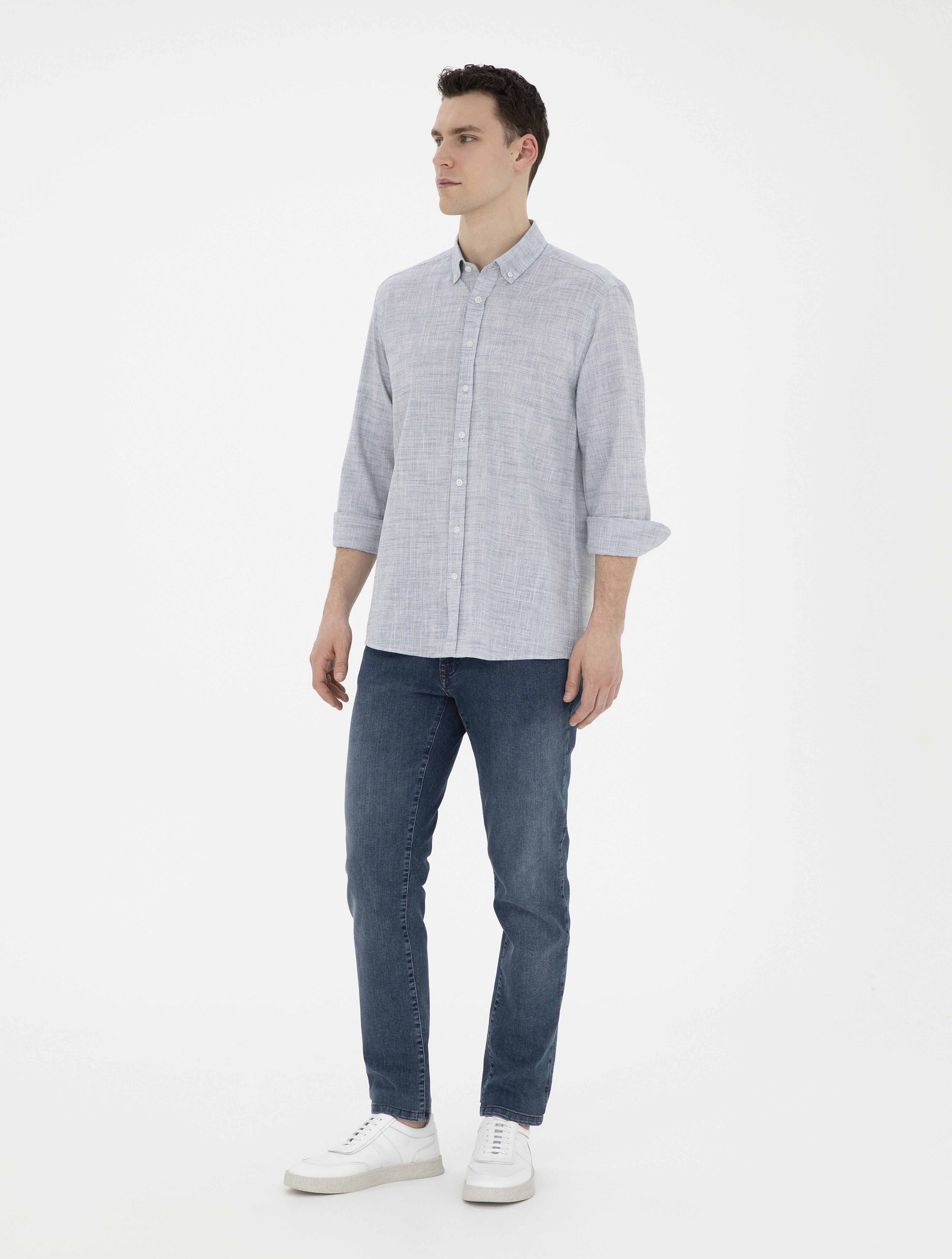 Lacivert Slim Fit Keten Görünümlü Uzun Kollu Gömlek - Image 4