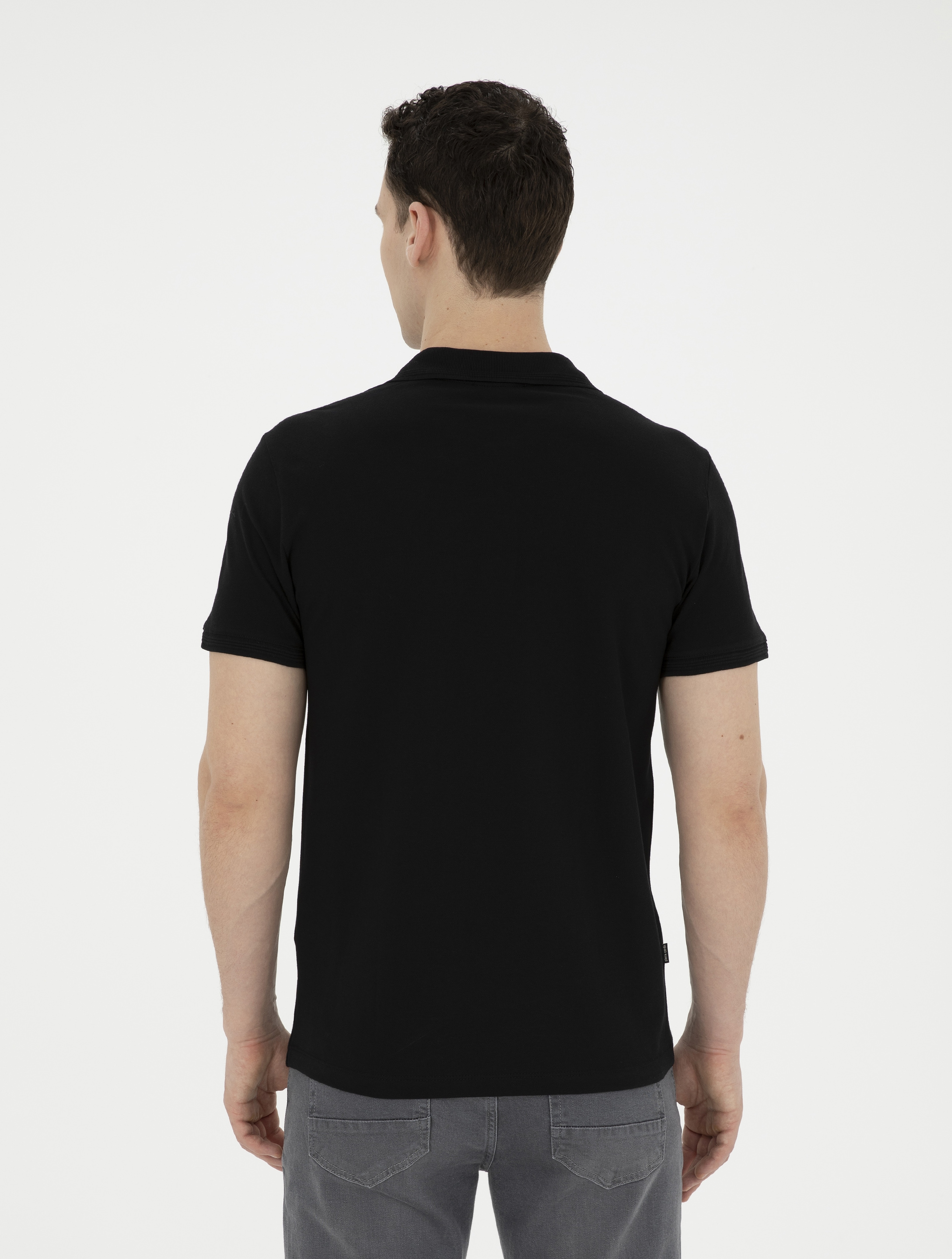 Siyah Slim Fit %100 Pamuk Polo Yaka Basic Tişört - Image 5