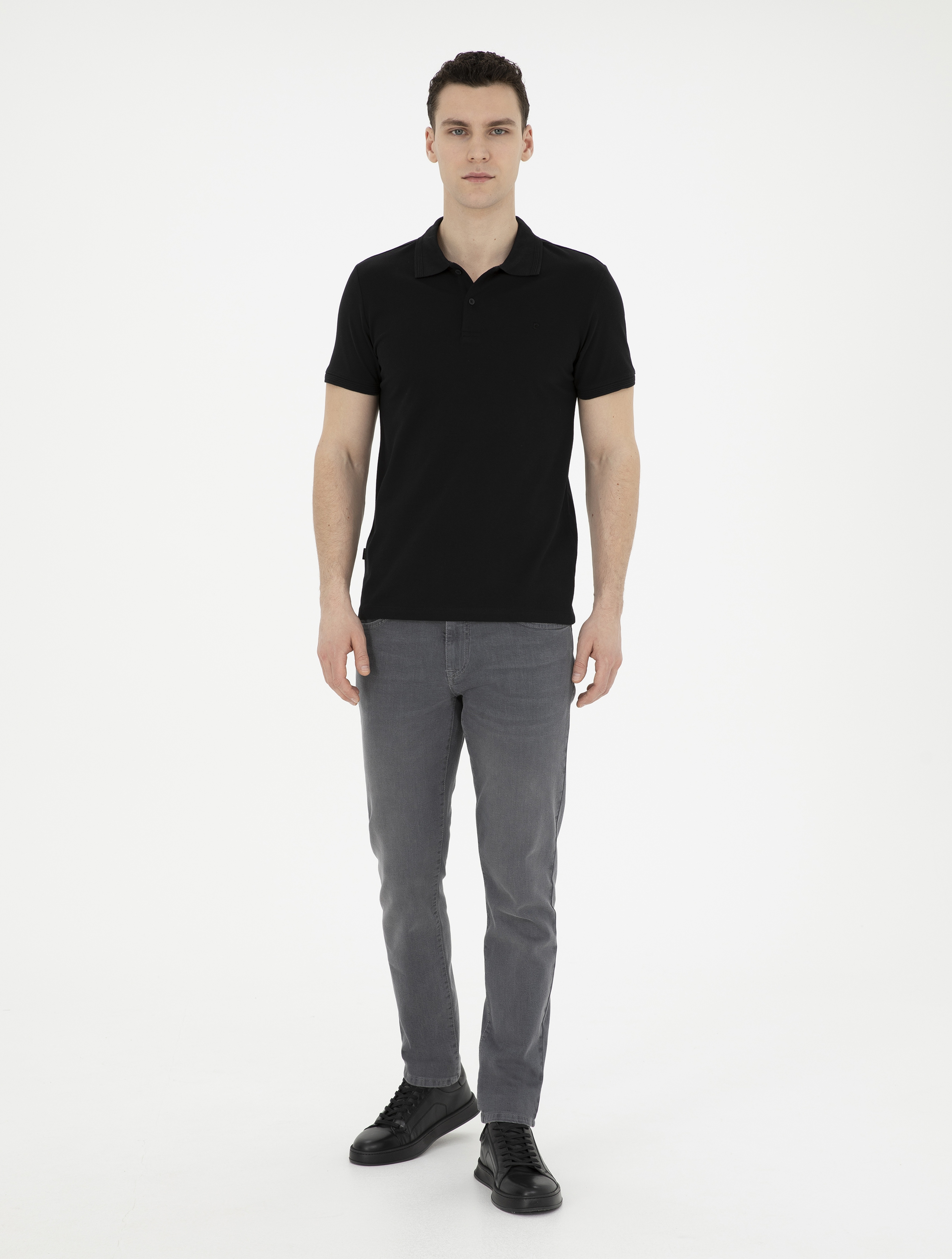 Siyah Slim Fit %100 Pamuk Polo Yaka Basic Tişört - Image 4