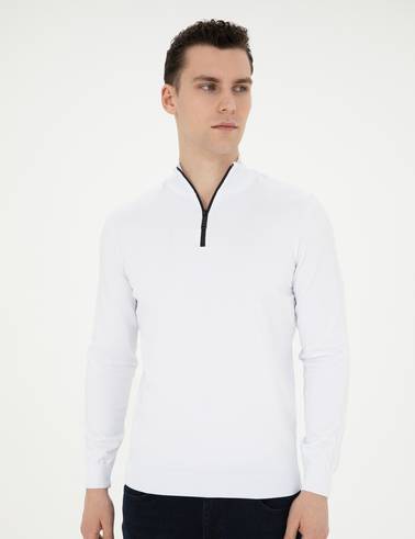 Ekru Slim Fit Fermuarlı Dik Yaka Triko Kazak