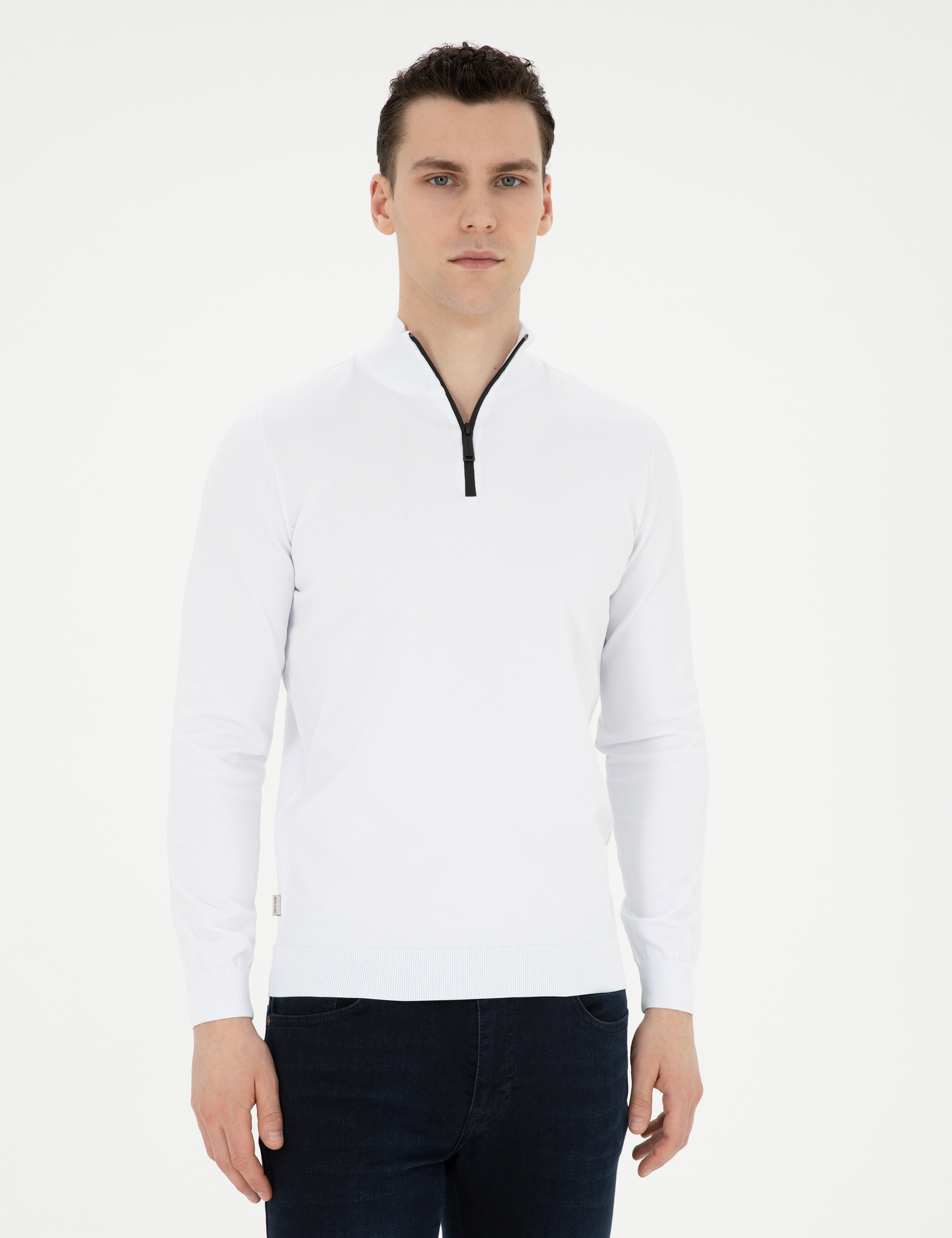 Ekru Slim Fit Fermuarlı Dik Yaka Triko Kazak