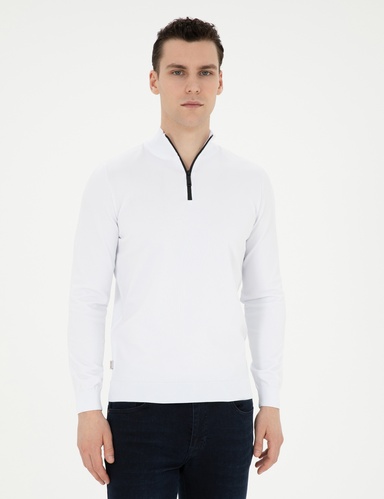 Ekru Slim Fit Fermuarlı Dik Yaka Triko Kazak
