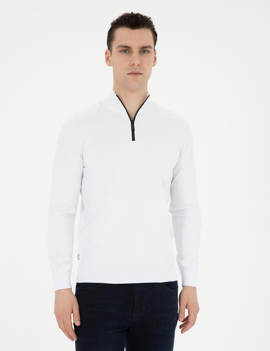 Ekru Slim Fit Fermuarlı Dik Yaka Triko Kazak