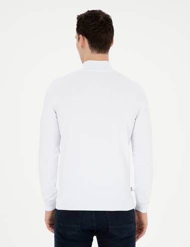 Ekru Slim Fit Fermuarlı Dik Yaka Triko Kazak