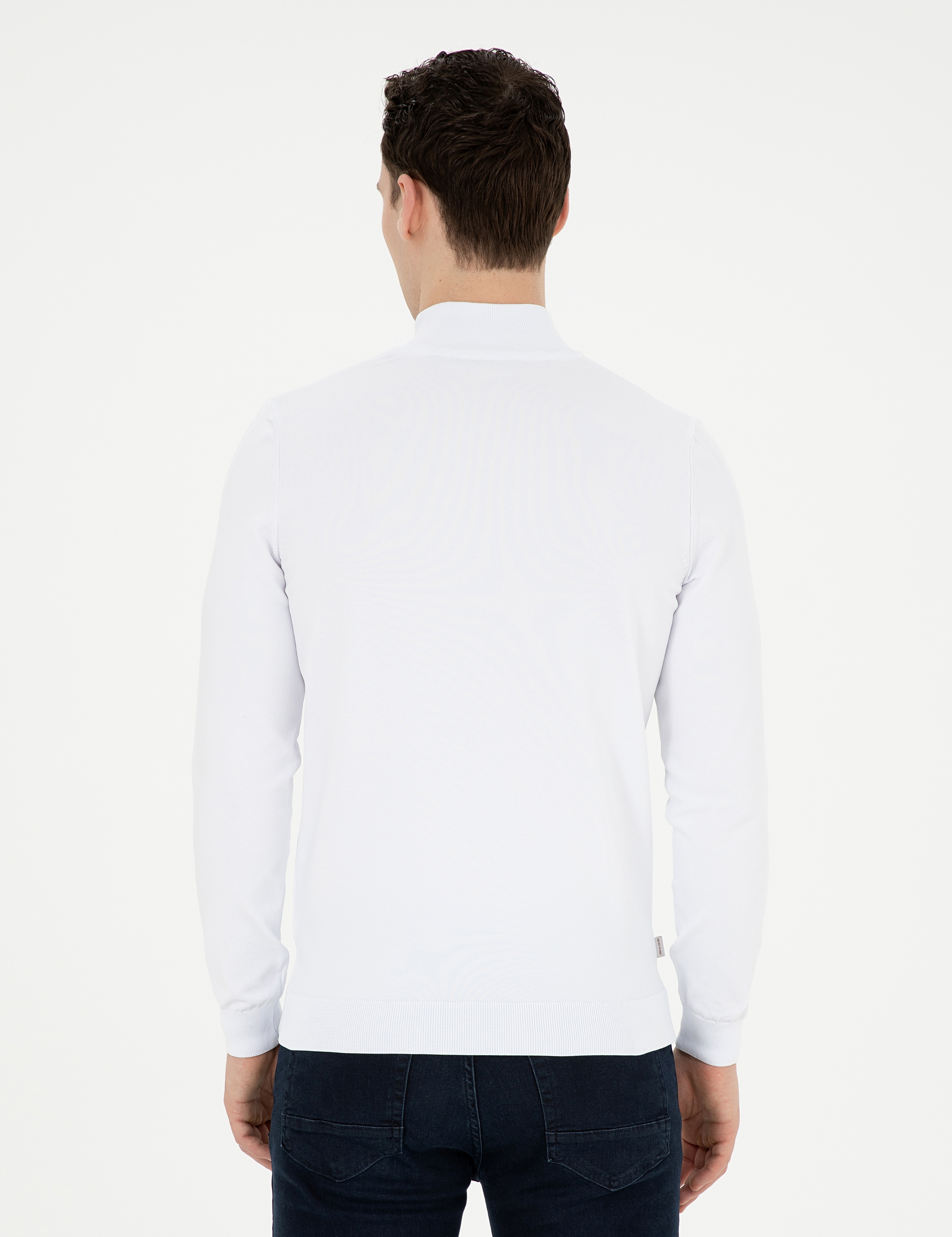 Ekru Slim Fit Fermuarlı Dik Yaka Triko Kazak - Image 5