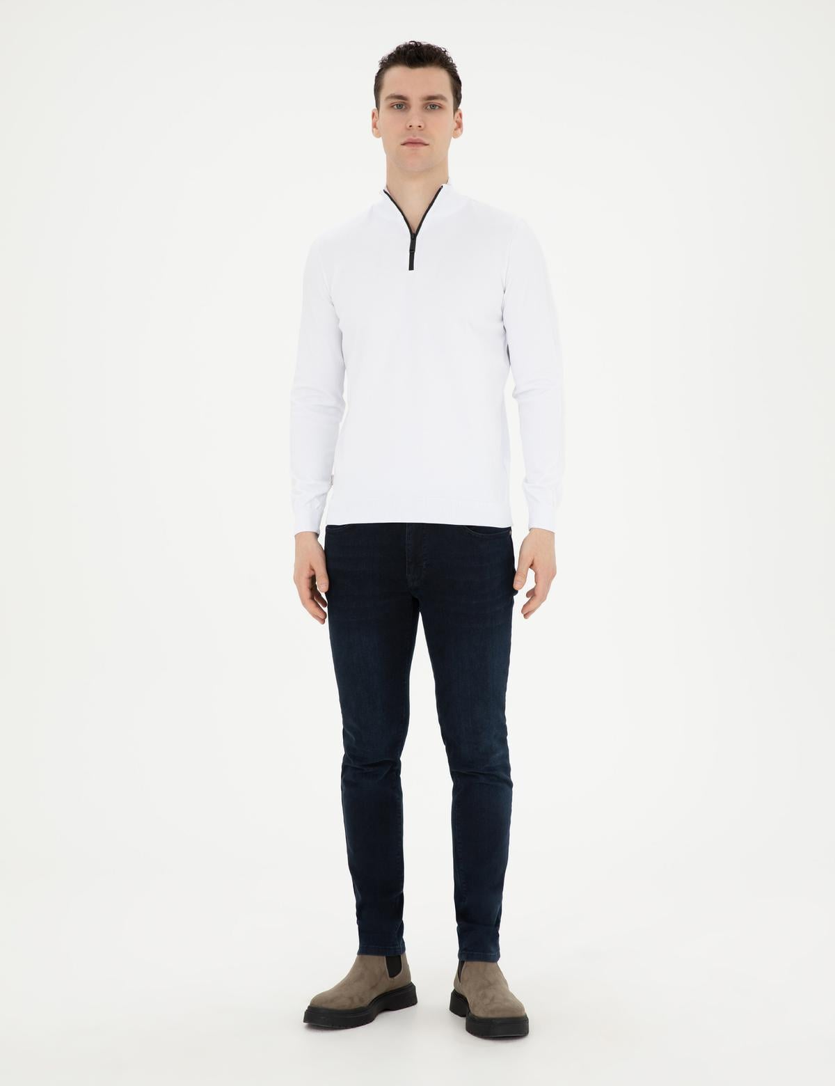 Ekru Slim Fit Fermuarlı Dik Yaka Triko Kazak - 50279383003