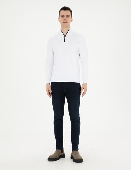 Ekru Slim Fit Fermuarlı Dik Yaka Triko Kazak - 50279383003