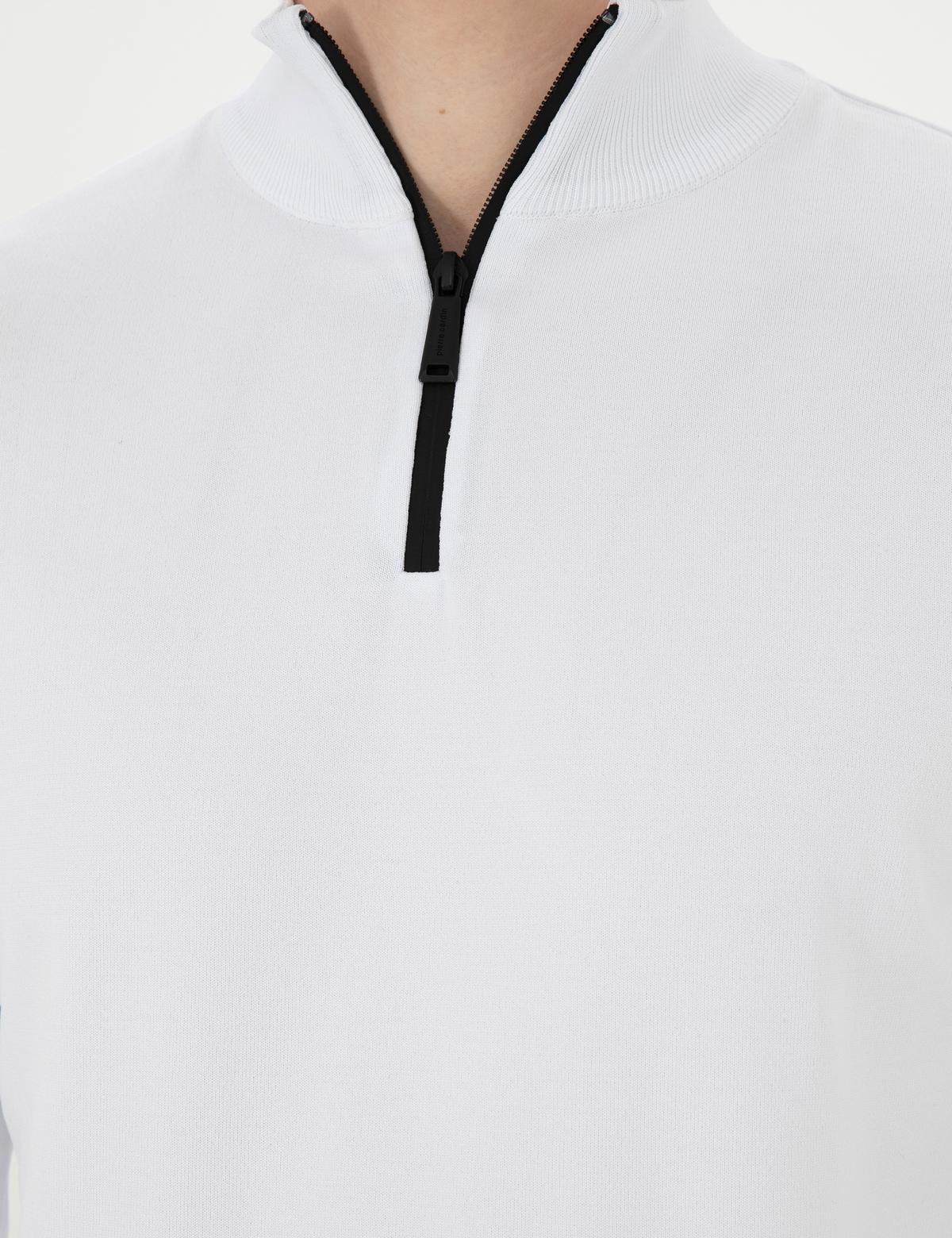 Ekru Slim Fit Fermuarlı Dik Yaka Triko Kazak - 50279383003