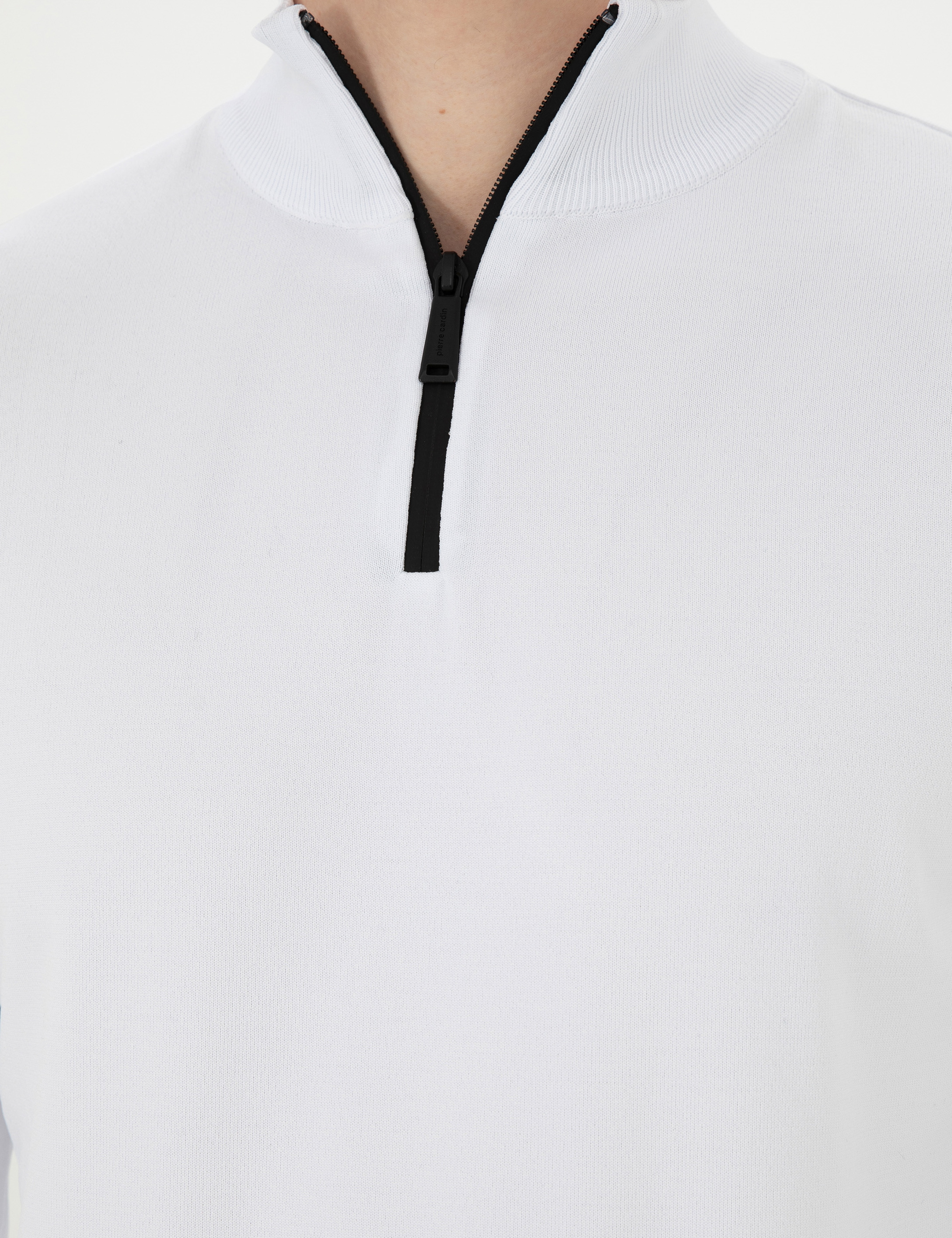 Ekru Slim Fit Fermuarlı Dik Yaka Triko Kazak - Image 7