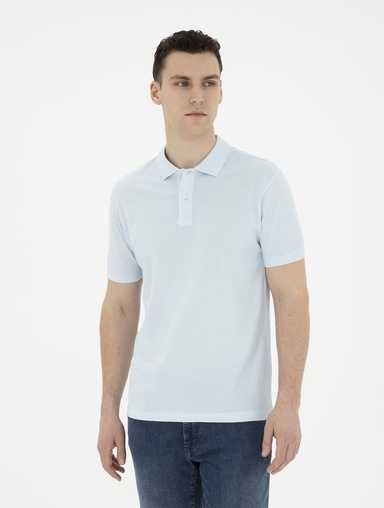 Açık Mavi Slim Fit %100 Pamuk Basic Düğmeli Polo Yaka Basic Tişört