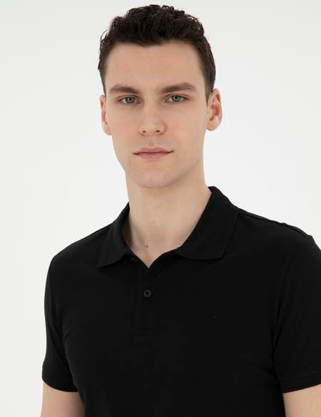 Siyah Slim Fit %100 Pamuk Polo Yaka Basic Tişört - 50291625129