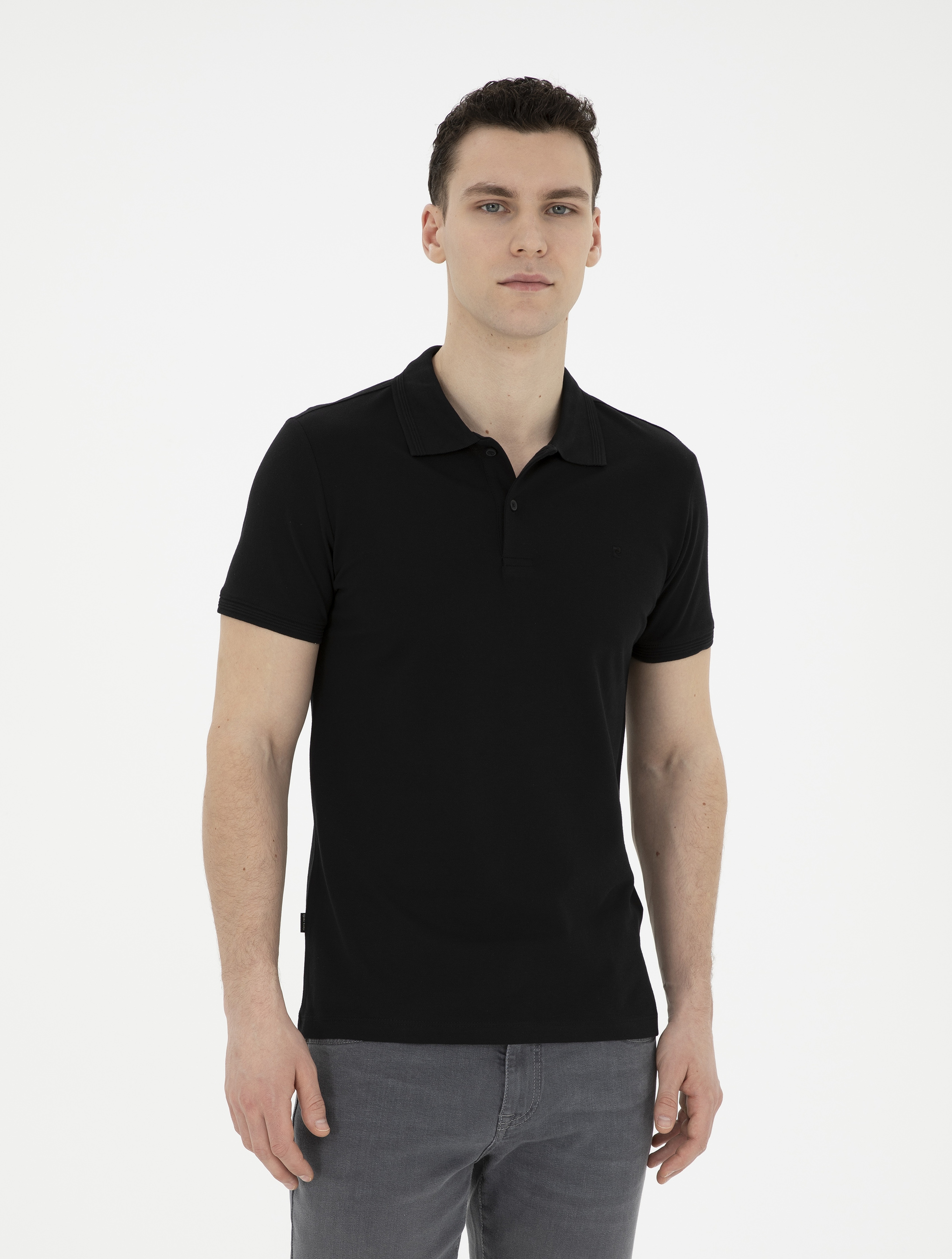 Siyah Slim Fit %100 Pamuk Polo Yaka Basic Tişört - Image 1