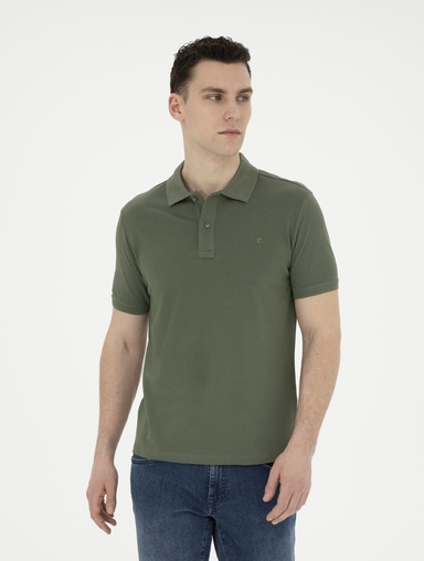 Haki Slim Fit %100 Pamuk Basic Düğmeli Polo Yaka Basic Tişört