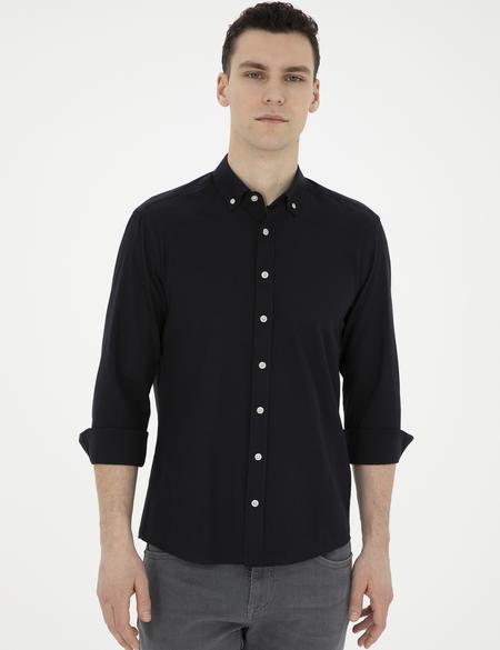 Siyah Slim Fit Keten Görünümlü Uzun Kollu Gömlek - 50289393033