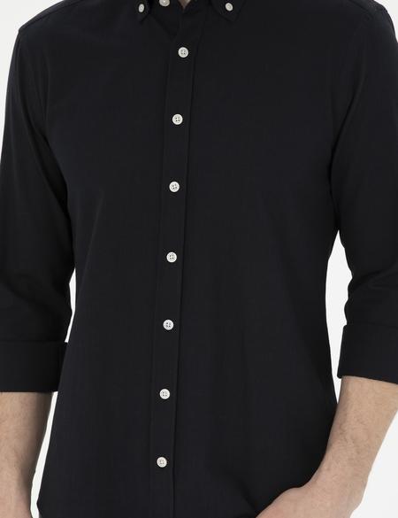 Siyah Slim Fit Keten Görünümlü Uzun Kollu Gömlek - 50289393033