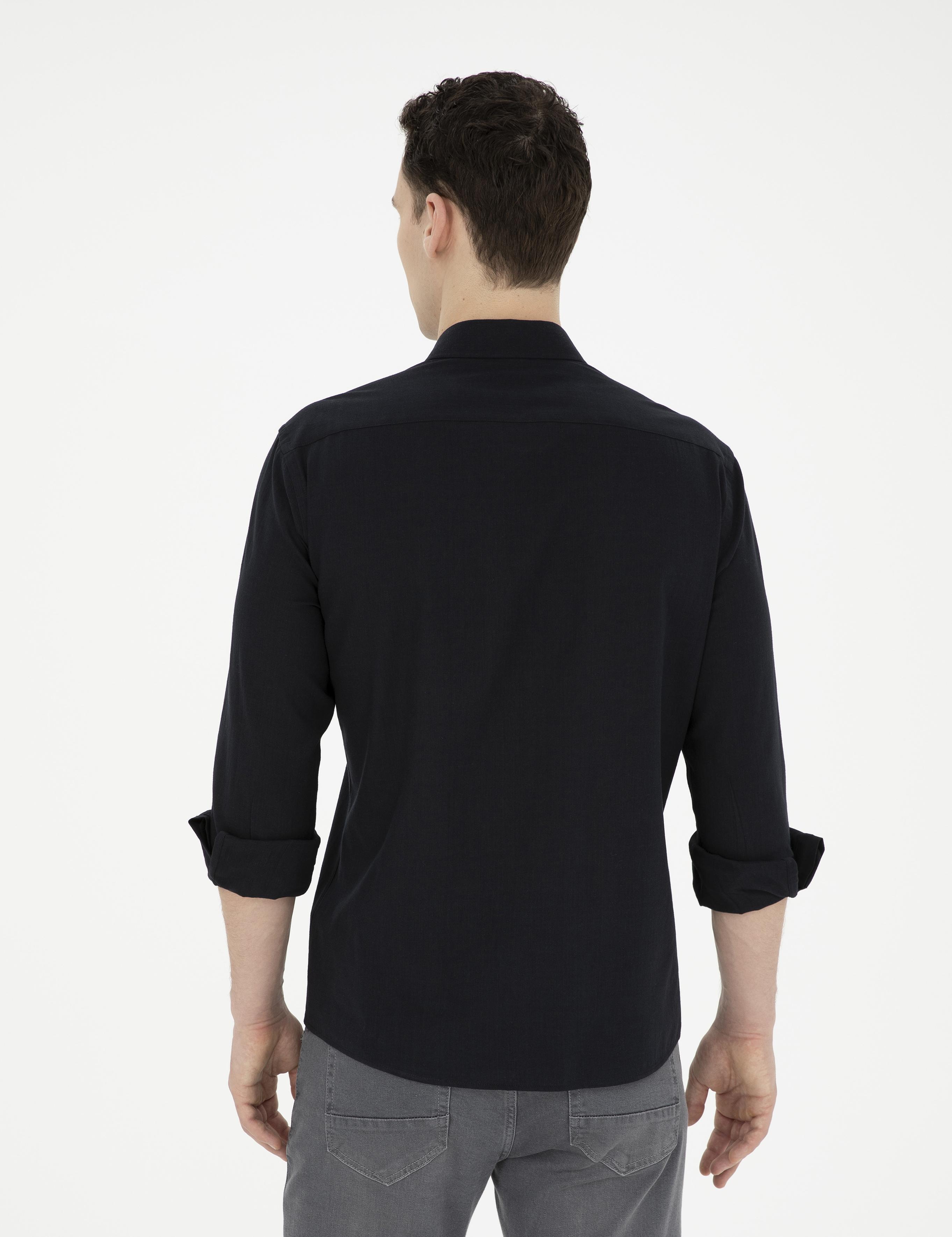 Siyah Slim Fit Keten Görünümlü Uzun Kollu Gömlek