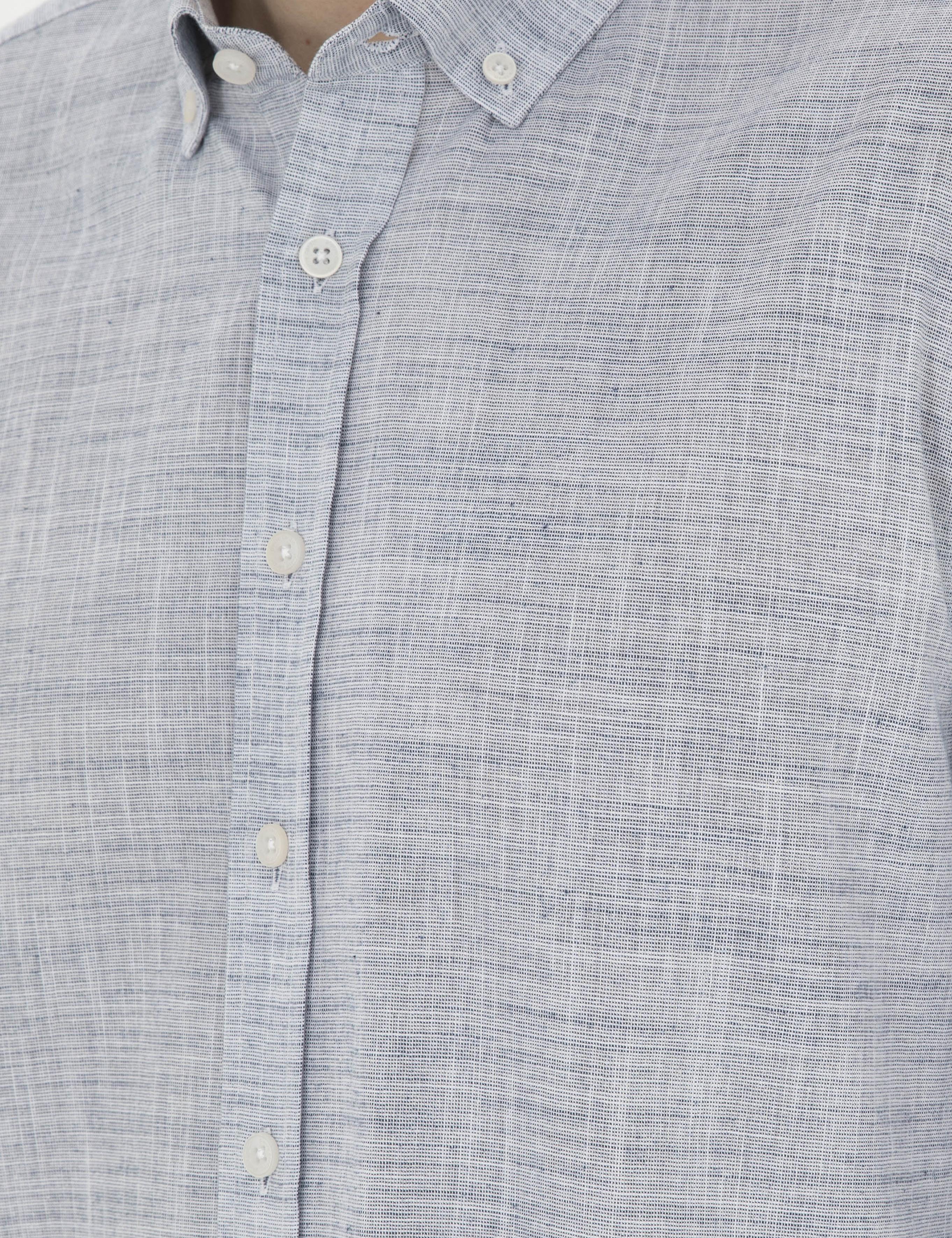 Lacivert Slim Fit Keten Görünümlü Uzun Kollu Gömlek